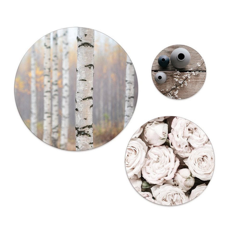 artissimo Mehrteilige Bilder mehrteiliges Bilder-Set 3 Wandbilder rund  Wandkreise Natur Pastell, Deko: Wald und Blumen