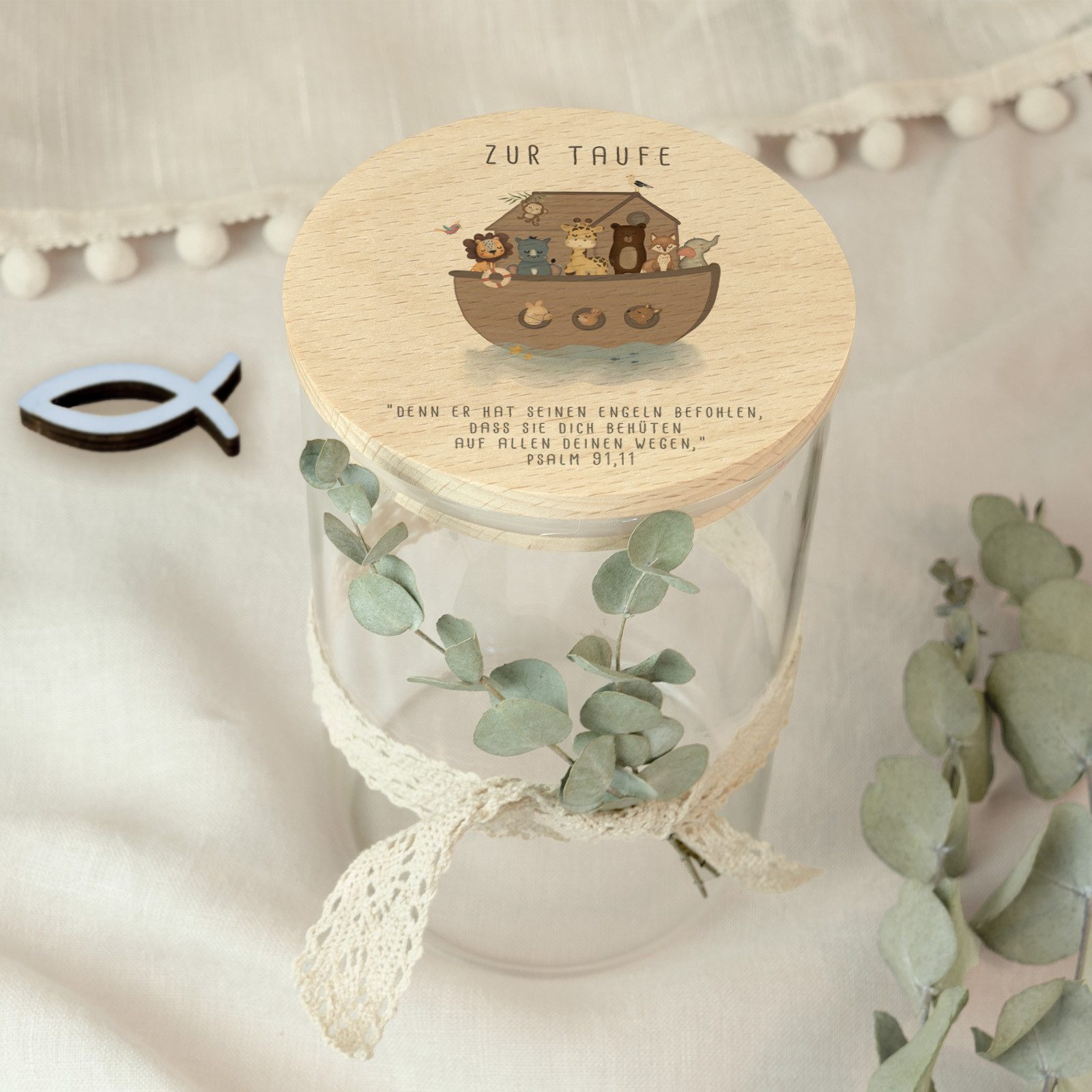 Geschenkbox Vorratsglas Taufe Arche Noah mit Spruch Klein (880 ml)