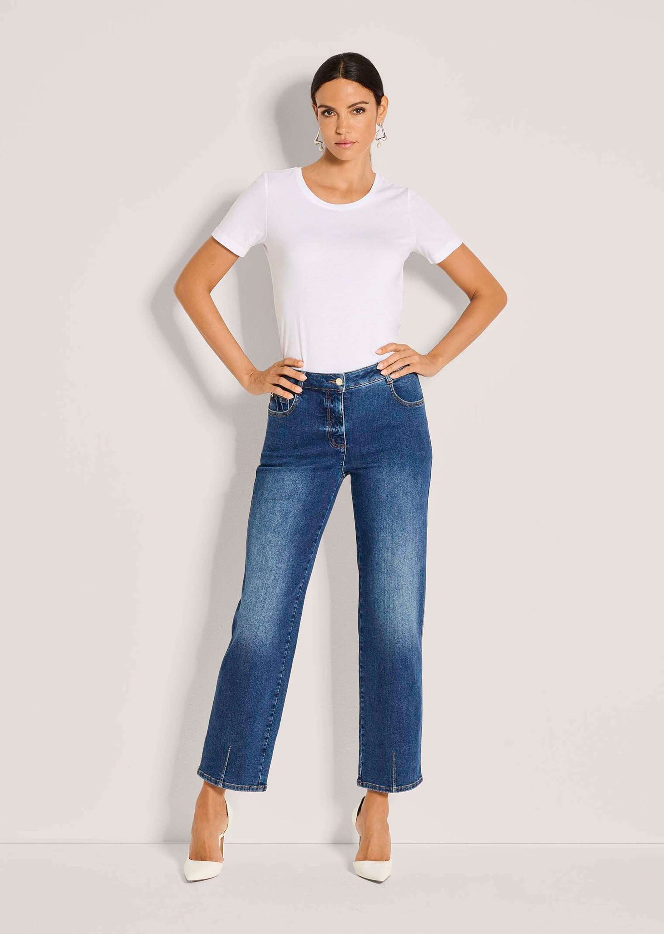 MADELEINE Gerade Jeans Baumwollhose mit Saumabnähern 5-Pocket-Hose mit Formbund, Gürtelschlaufen und knöchelfreier Länge