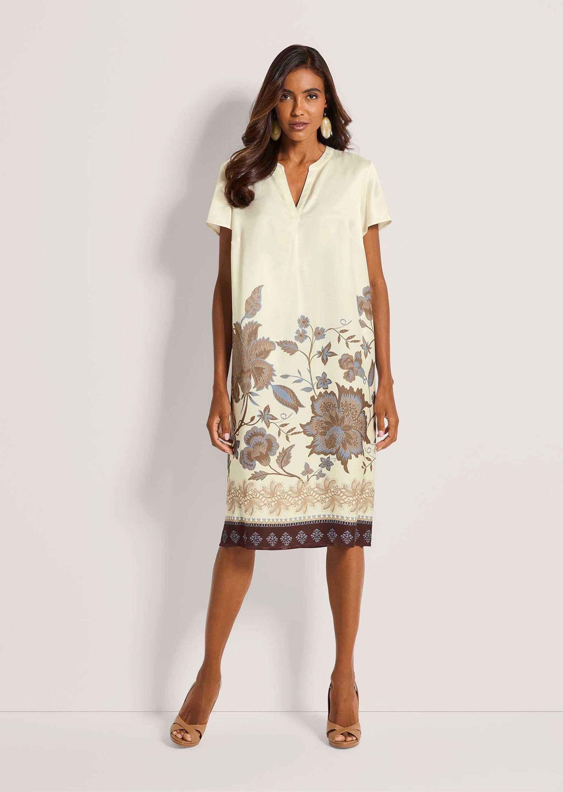 MADELEINE Druckkleid Viskosekleid mit floralem Muster Blumenkleid mit Rundhals und V-Schlitz, Kurzarm und Knielänge