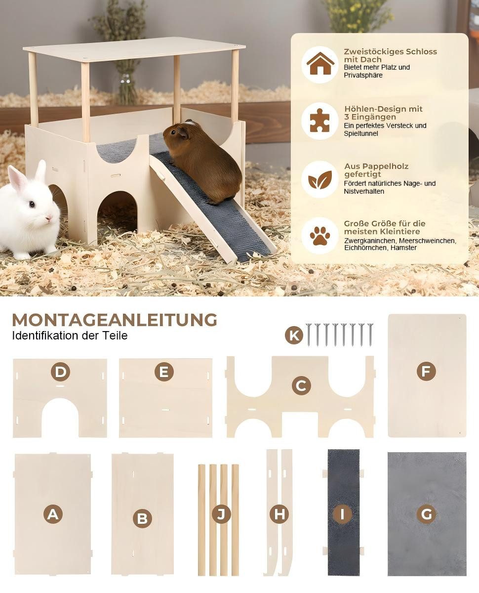 PRIISF Nagerhaus Meerschweinchen Haus Holz Hamster mit Plattform & Treppe als Versteck, Nagerhaus Kleintierhaus Hamsterhaus für Zwerghamster, Rennmäuse, Degus
