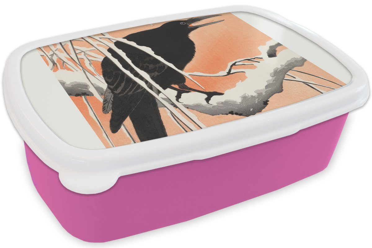 MuchoWow Lunchbox Vintage - (2-tlg), Brotdose Mädchen, Vogel Zweig, Tiere - Kunststoff Kinder, für Snackbox, rosa Erwachsene, - Krähe Brotbox Kunststoff, 