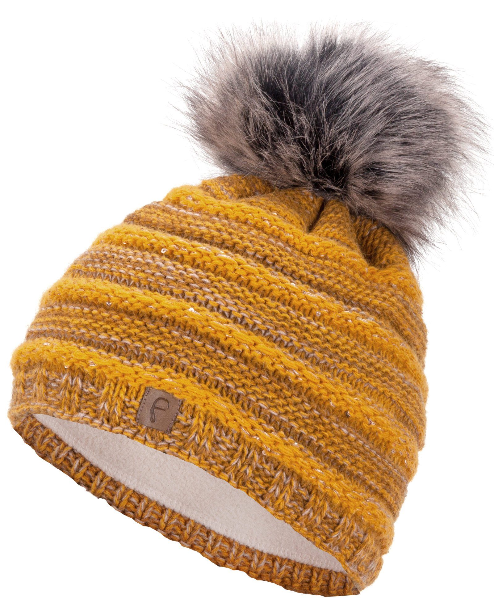 Faera Bommelmütze Wintermütze mit Bommel Damen Mütze Beanie Haube gefüttert Strickmütze
