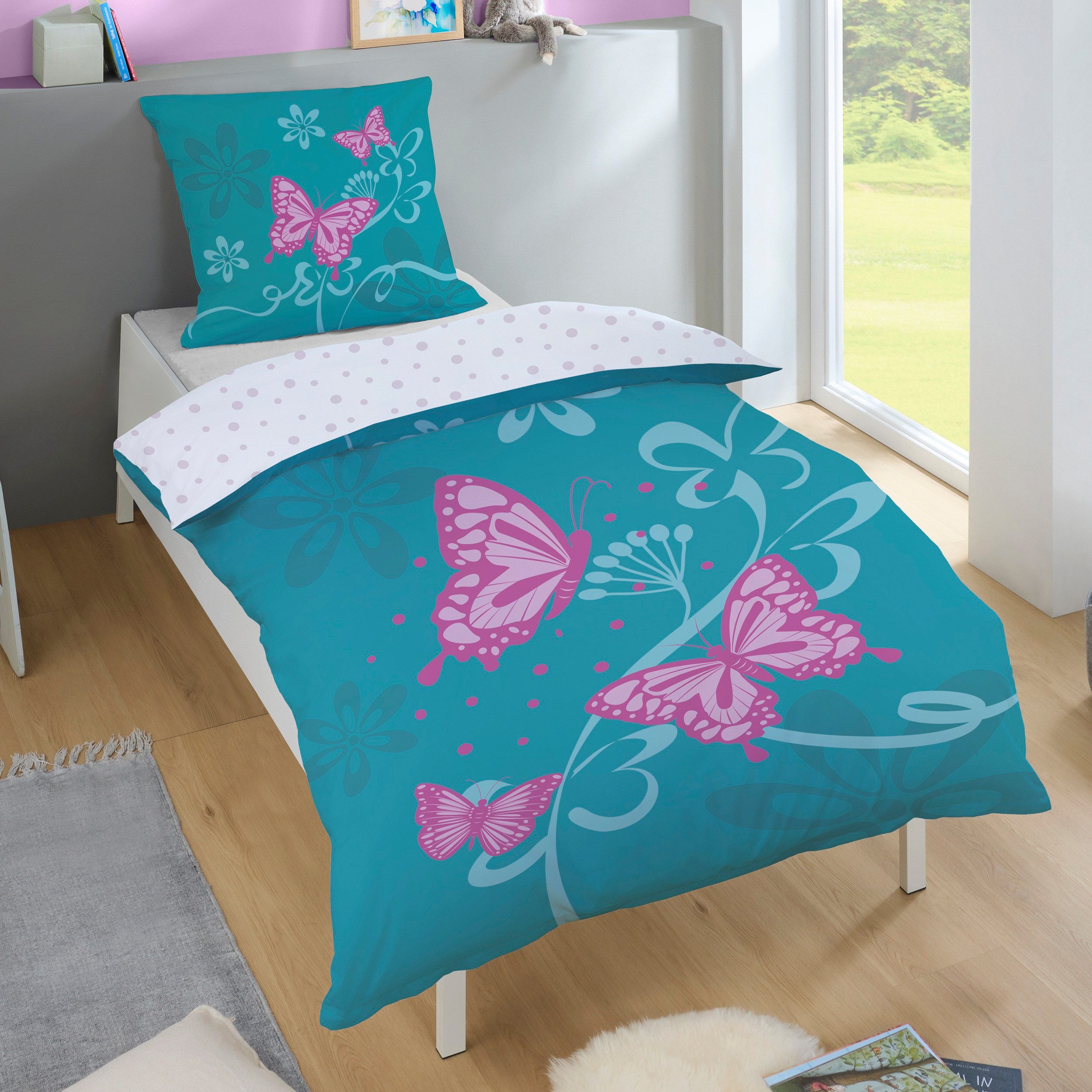 Familando Jugendbettwäsche Schmetterlinge 135x200 80x80 cm aus 100% Baumwol günstig online kaufen