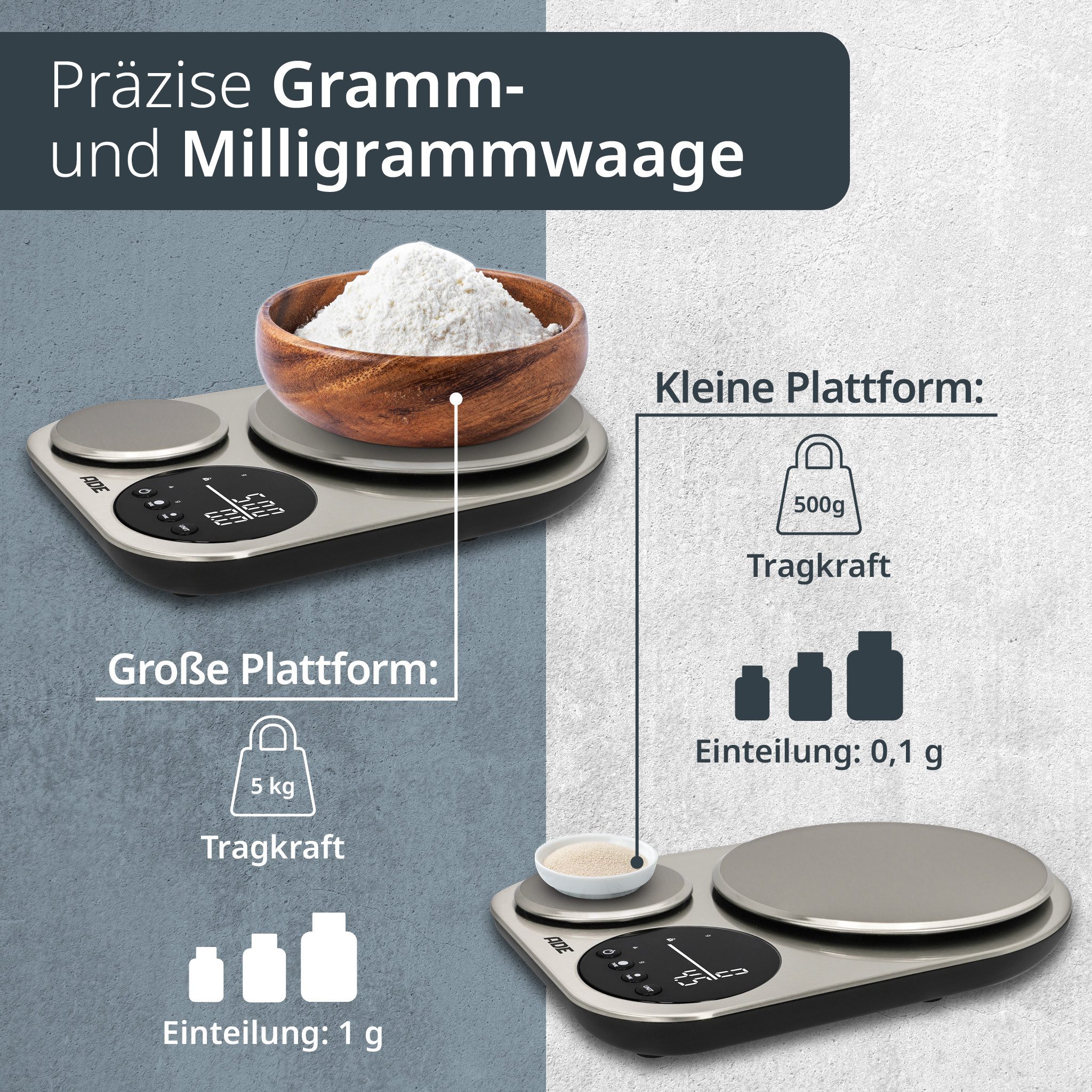 ADE Küchenwaage digital mit 2 Wiegeflächen 5kg/1g & 500g/0,1g, milligrammgenaue Waage für das Backen von Brot, Pizza, AAA Batterien