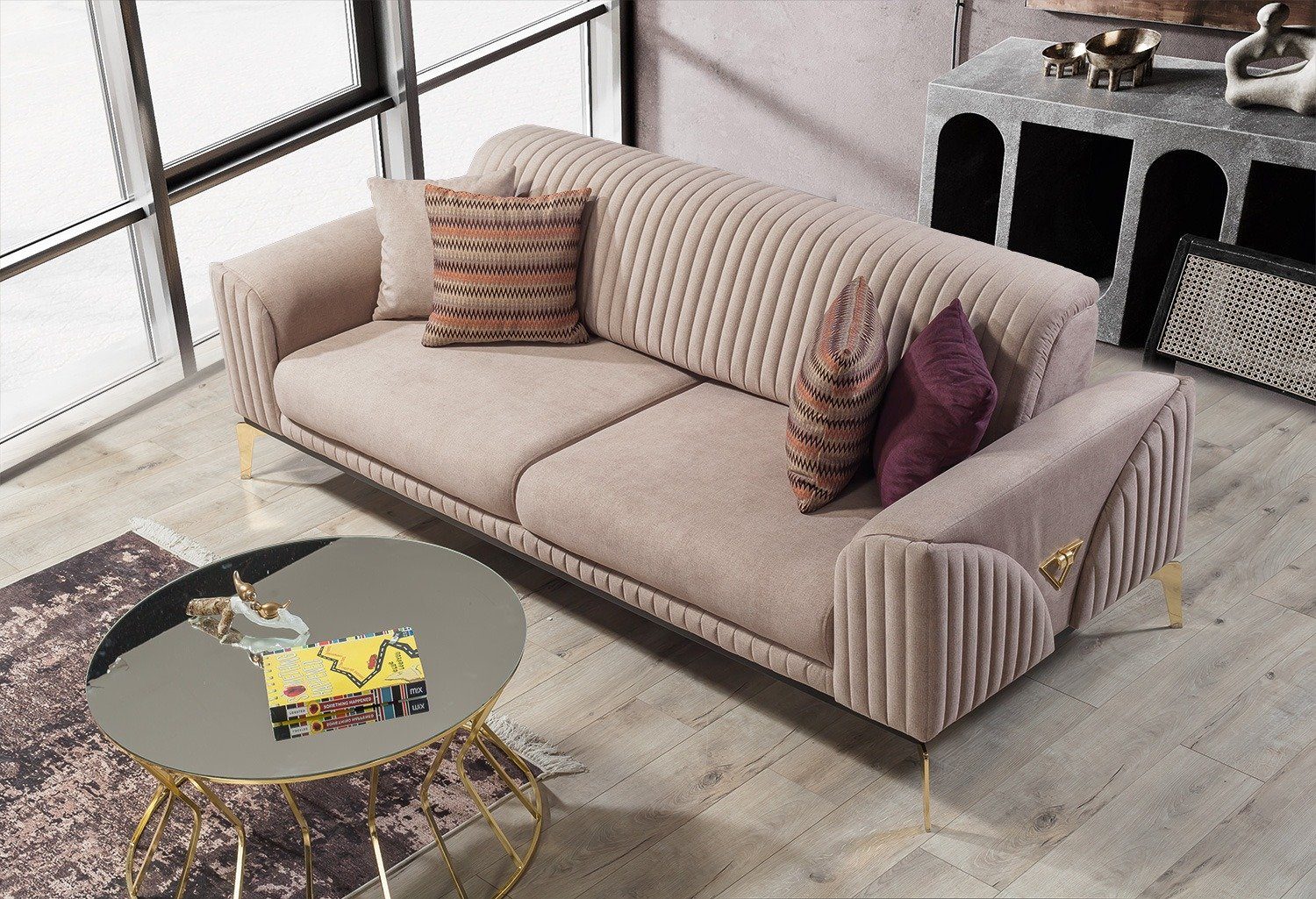 Villa Möbel Sofa Leaf, 1 Stk. 2-Sitzer, Quality Made in Turkey, Luxus-Microfaser (100% Polyester) Elfenbein