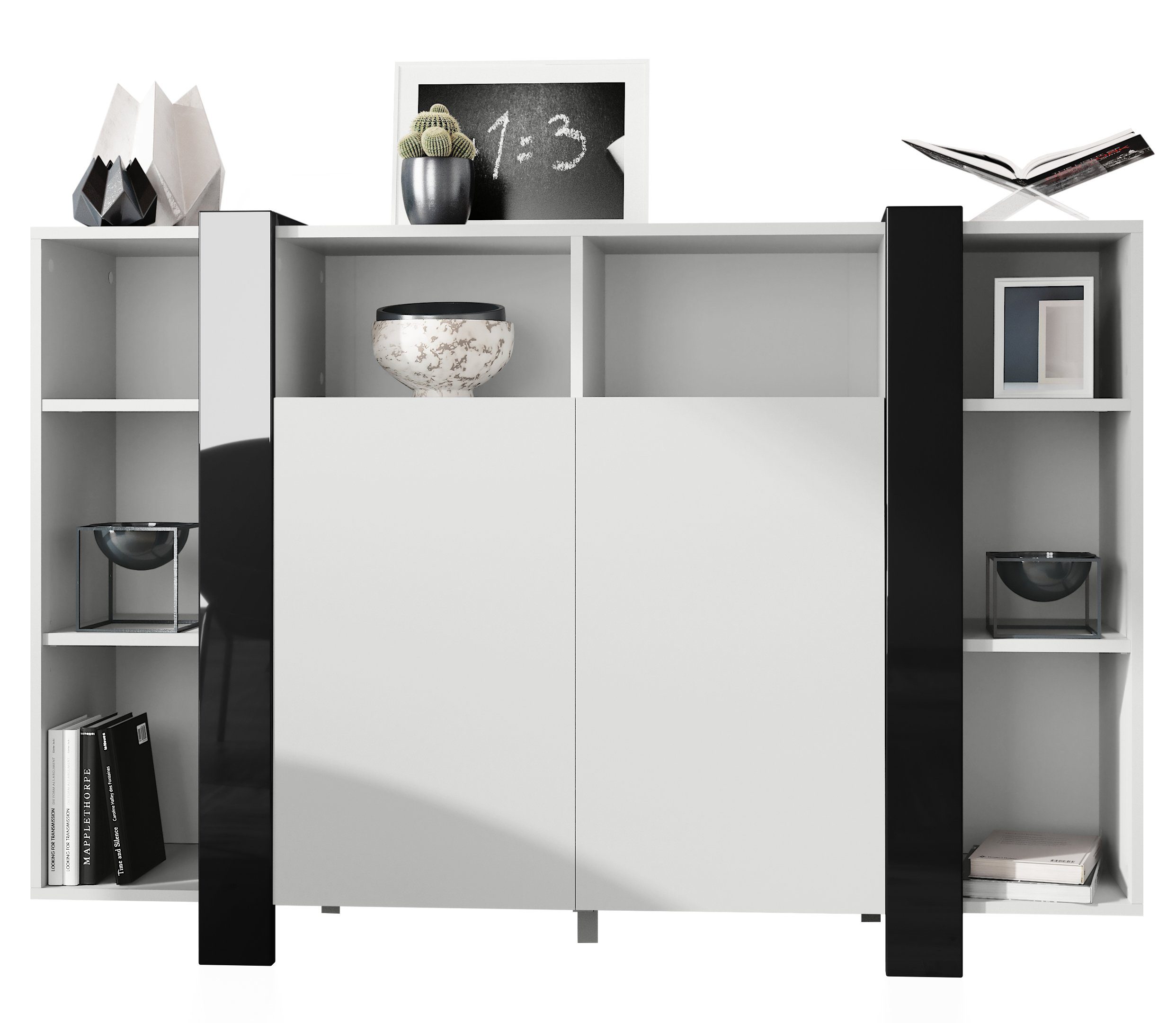 Vladon Highboard Ida V1 (Anrichte, mit 2 Türen und 8 offene Fächer), Weiß matt/Schwarz Hochglanz (149 x 101 x 34 cm)