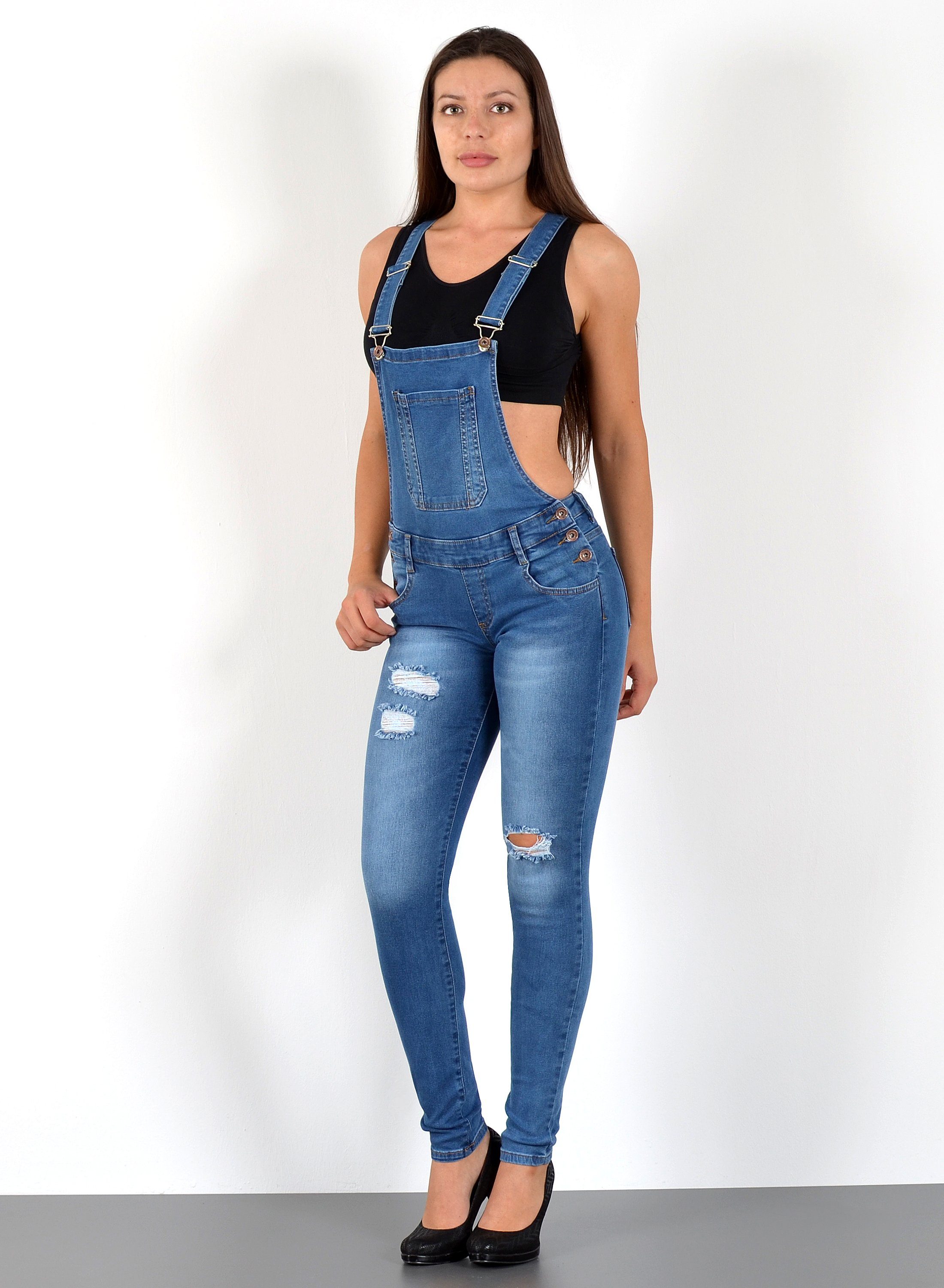 ESRA Jeanslatzhose H340 Damen Latzhose mit Trägern, Damen Latzjeans mit Hosenträger und Stretch, Enge Jeans Jumpsuit Skinny Hose Overall Jeans, Damen Skinny Latzhose Latzjeans, Damen Jeans Destroyed, Destroyed Jeans Hose Damen, Damen Jeans Hose Risse