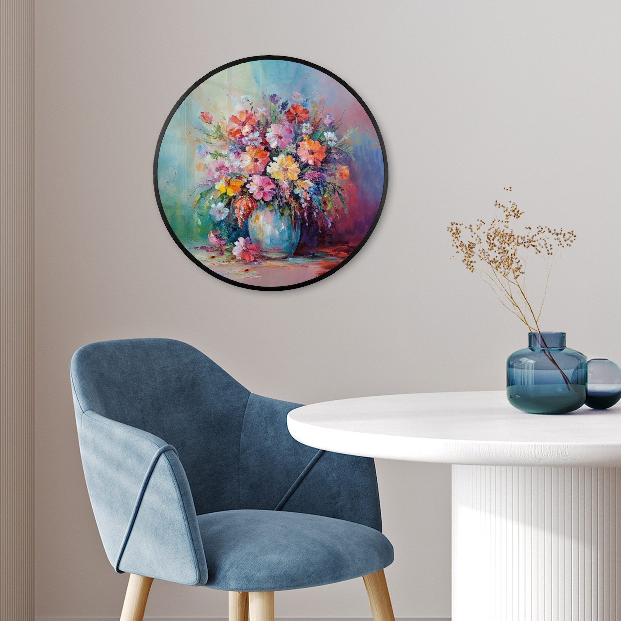 MuchoWow Poster Rund - Blumen - Kunst - Malerei - Frühling - Blumenstrauß, (1 St), Runde Wandbilder, Deko für Wohnzimmer und Schlafzimmer, 40x40 cm