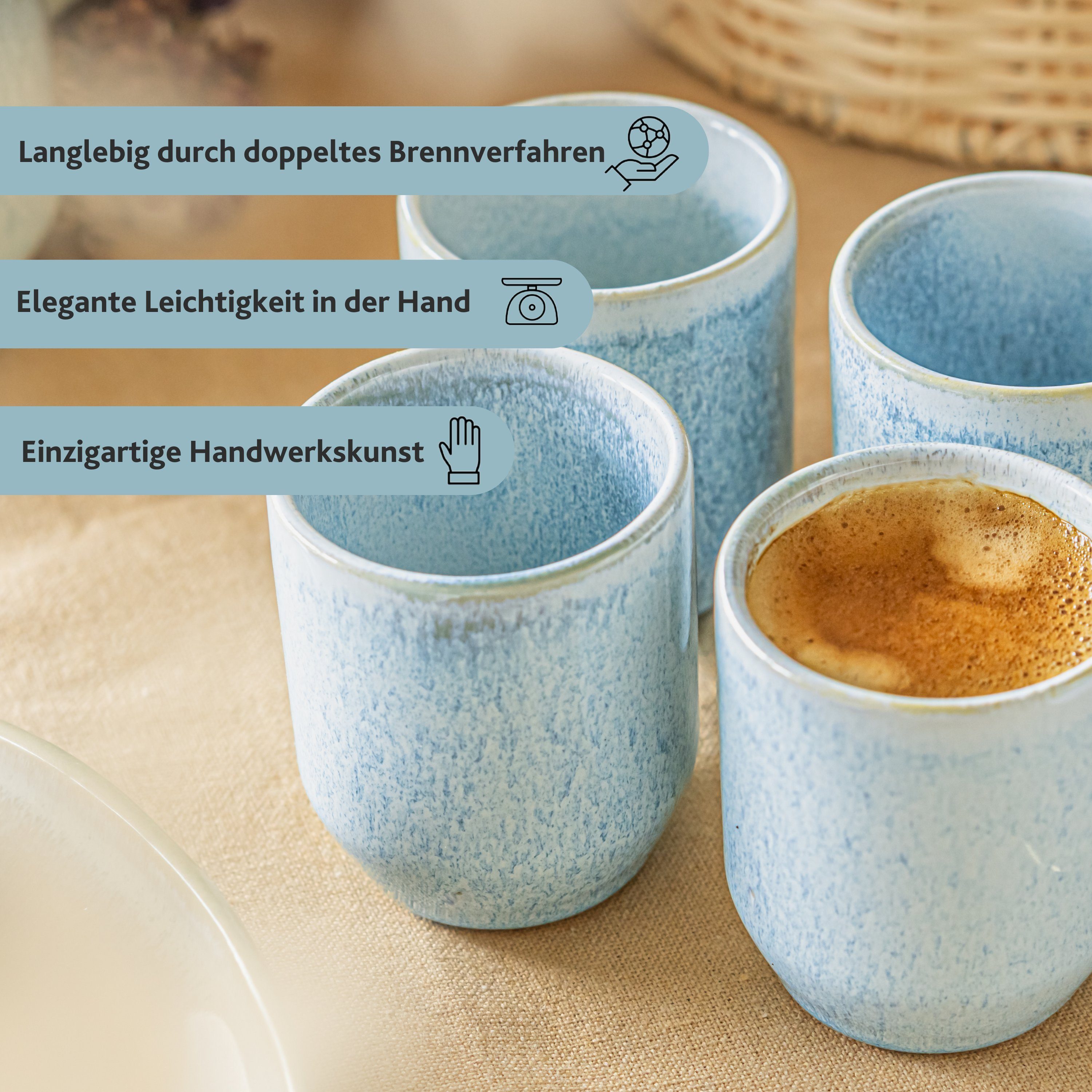 Espressobecher Steingut, Set, Handmade Lima 80ml, SÄNGER hellem Blau beigem mit & Espressotasse Türkis Rand, Farbverlauf