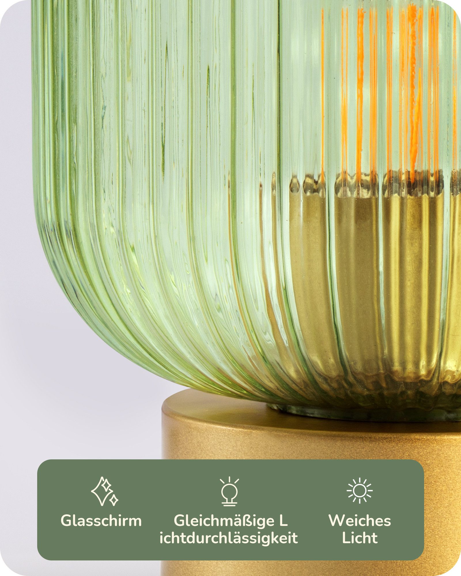 EDISHINE Nachttischlampe Retro-Grüne Tischlampe mit Candy-Glas-Schirm, LED wechselbar, Tageslichtweiß, Dekolampe, sanftes warmweißes Licht 2700K, inkl. LED-Leuchtmittel
