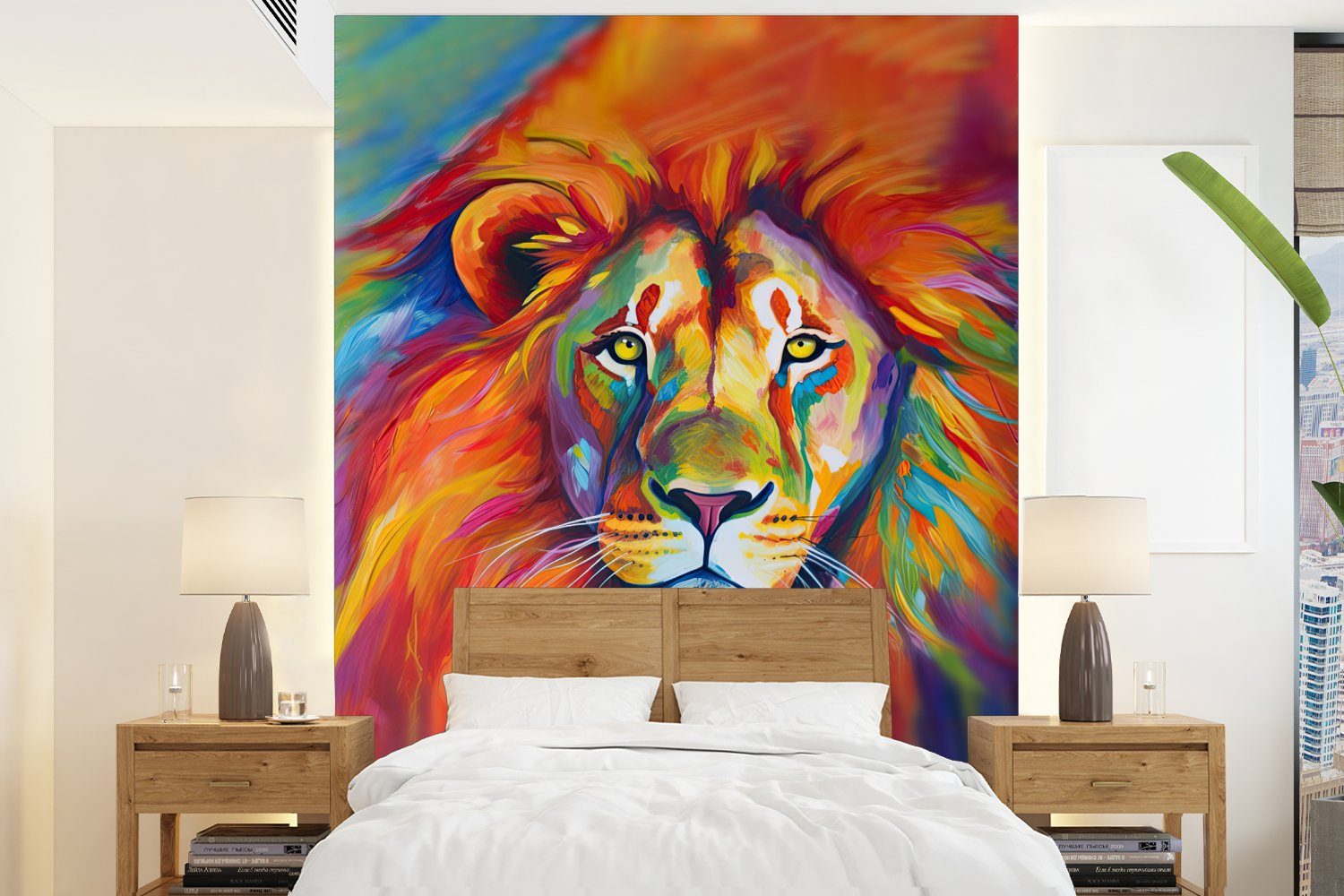 Wohnzimmer, Ölfarbe Fototapete bedruckt, Wandtapete Matt, Regenbogen, Vinyl - - Tiere Tapete Montagefertig MuchoWow - für Löwe (4 St),