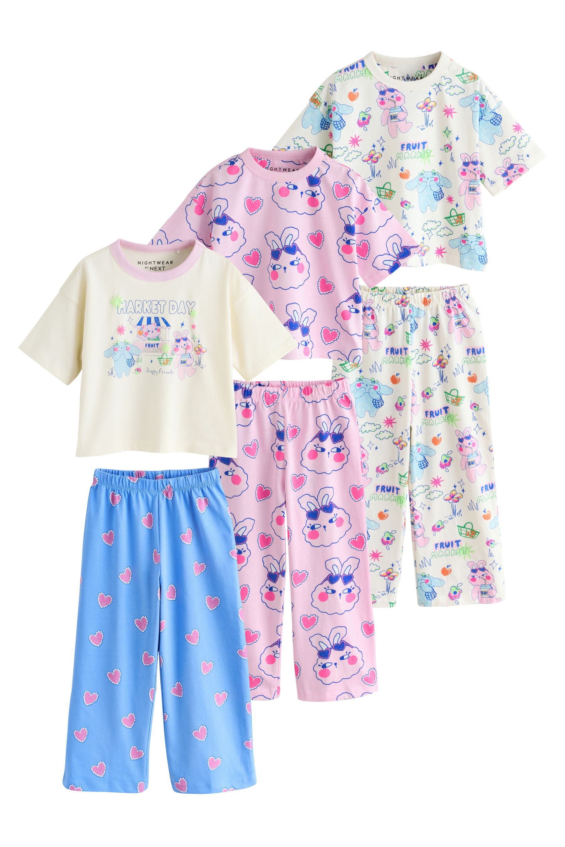 Pyjama Schlafanzug mit weitem Bein, 3er-Pack