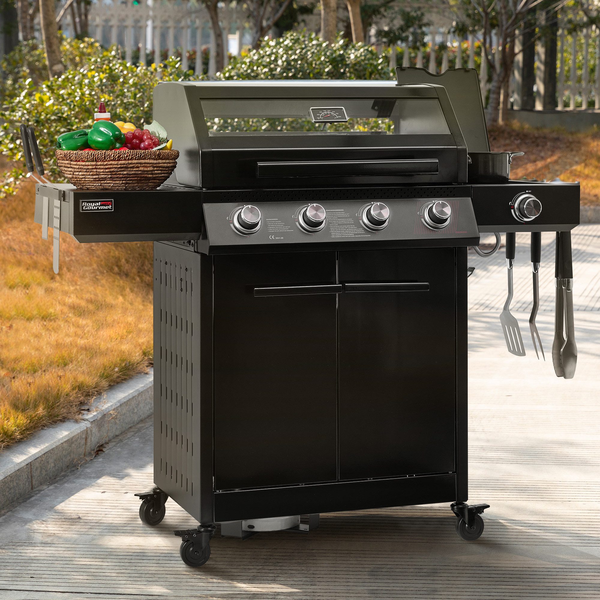 Royal Gourmet Gasgrill 4+1 Brenner Camping-Gasgrill, 15,5 kW Outdoor Grillwagen, mit Sichtfenster für Garten