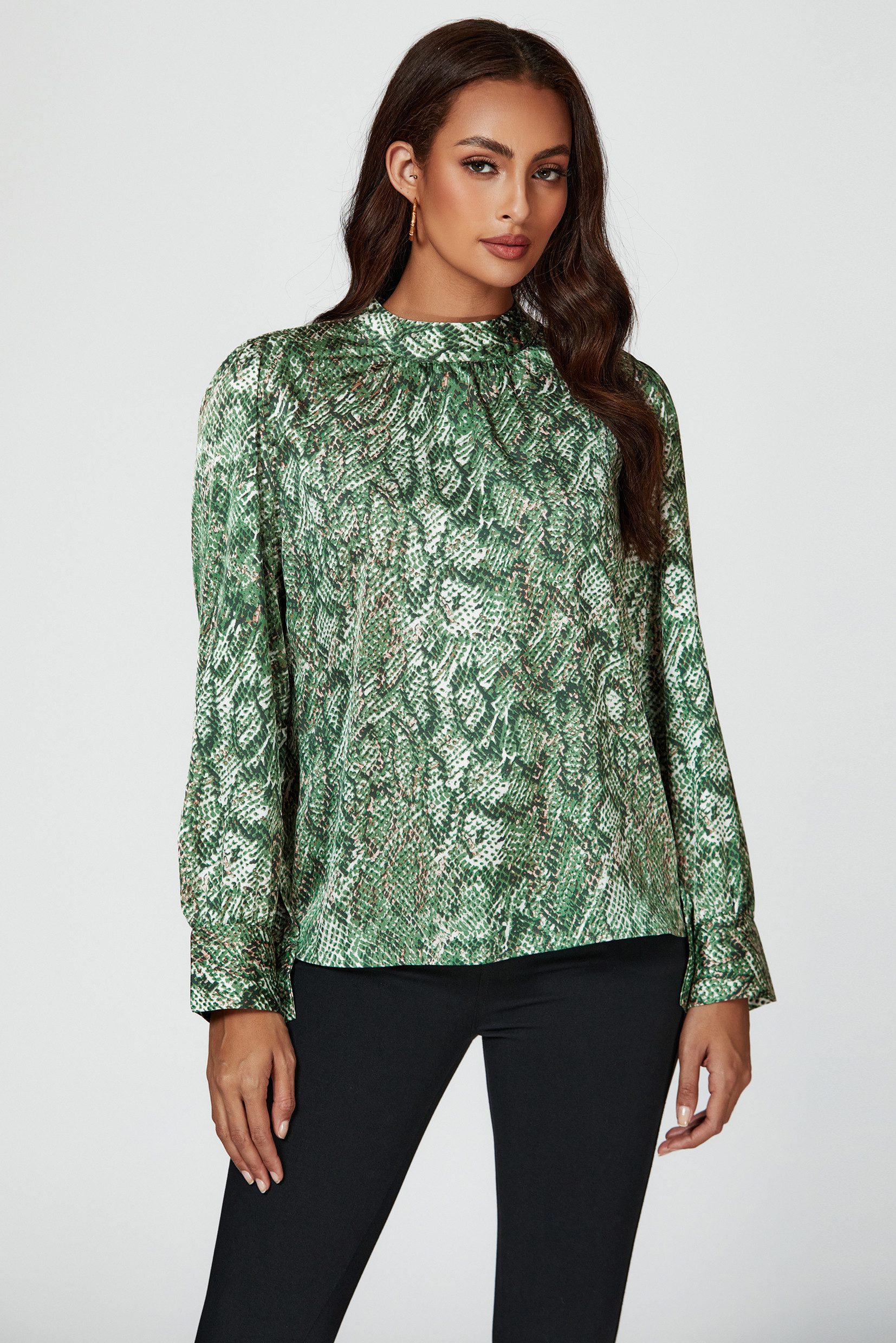 FS Collection Langarmbluse Damen Langärmelige Bluse - Bluse mit Blumenmuster und hohem Kragen (XS (UK 8 / EU 36) S (UK 10 / EU 38) M (UK 12 / EU 40) L (UK 14 / EU 42) XL (UK 16 / EU 44), 4 Farben : Blau, Grün, Rust, Rosa und Gelb) leicht, formstabil, weich fließend