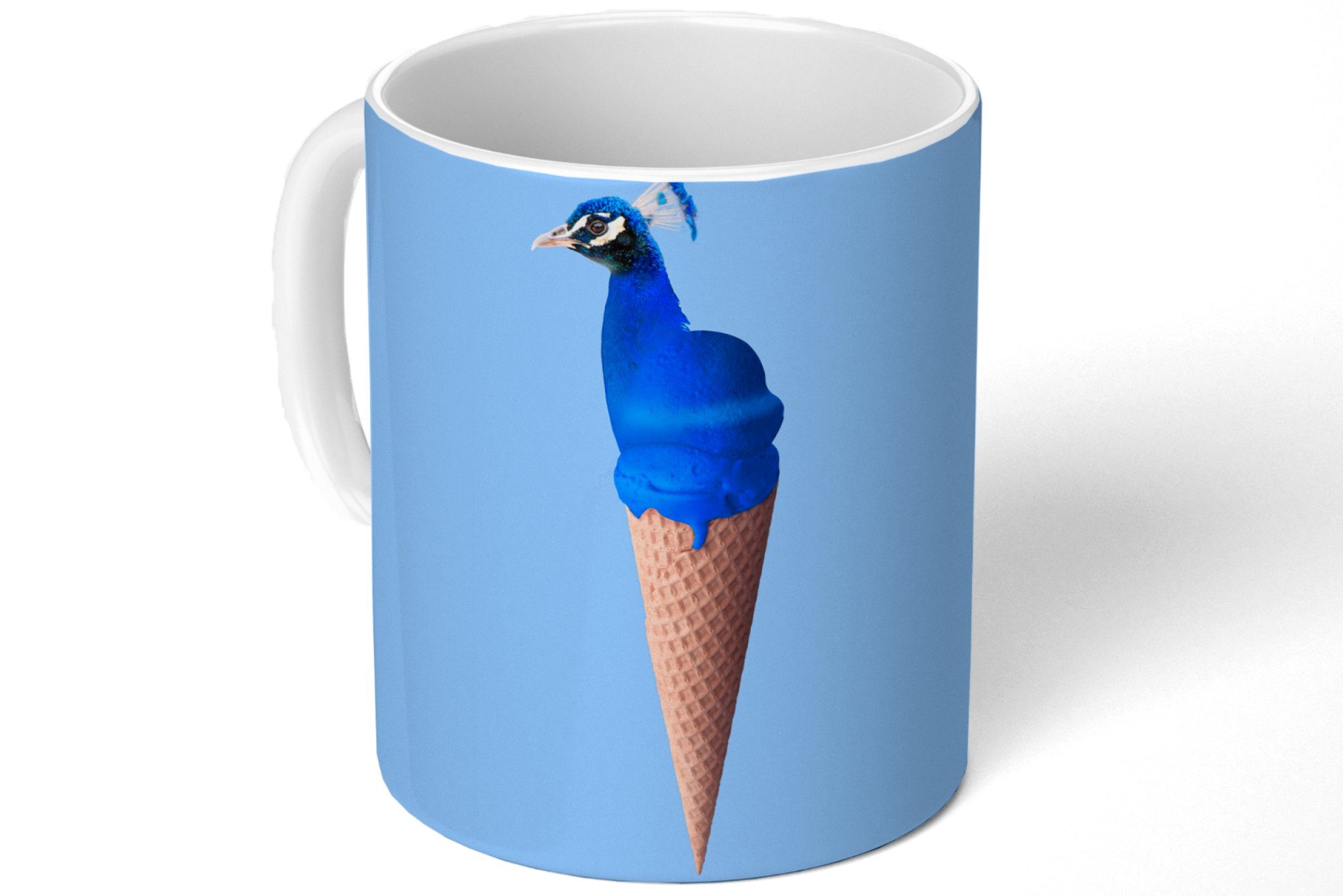 MuchoWow Tasse Pfau - Eistüte Geschenk - Keramik, Becher, Vogel, Teetasse, - Kaffeetassen, Teetasse, Eiscreme Blau 