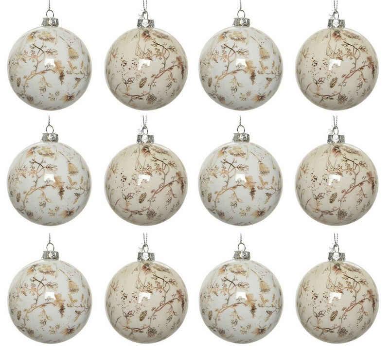 Decoris season decorations Weihnachtsbaumkugel, Weihnachtskugeln Kunststoff 8cm Natur Motive 12er Set - Karamel / Weiß