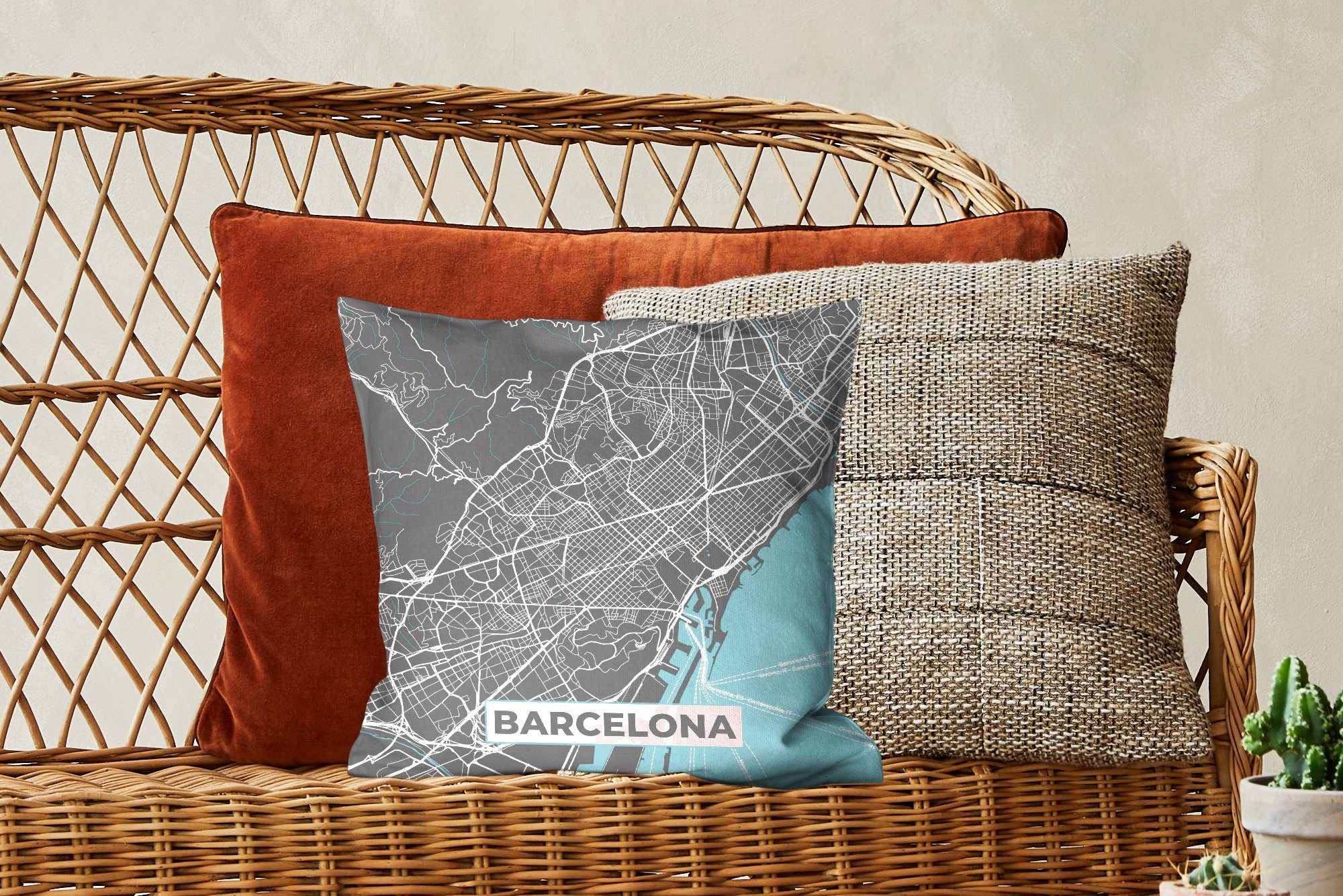 Karte Blau - Zierkissen Deko, Barcelona Wohzimmer, für - mit Stadtplan, - Füllung MuchoWow Sofakissen Schlafzimmer, Dekokissen