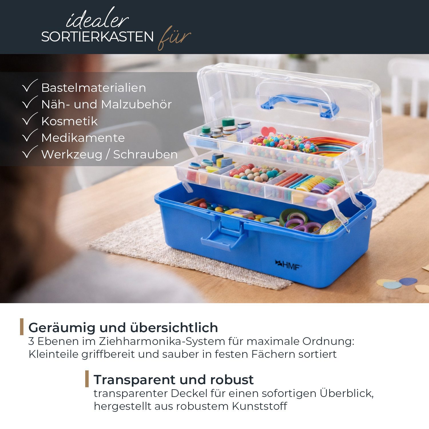 HMF Aufbewahrungsbox Nähkasten aufklappbar mit 3 Ebenen, Sortierbox mit 8 Fächern für, Kleinteile, 33 x 20 x 15 cm, Blau