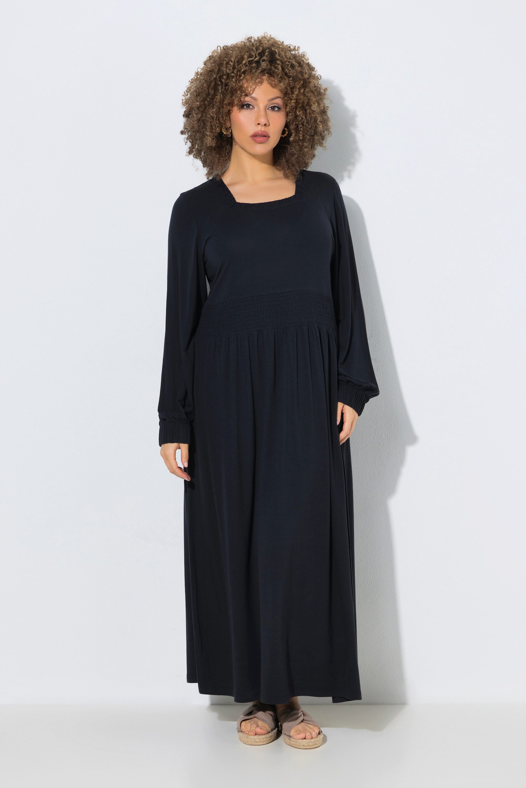 Ulla Popken Midikleid Maxikleid A-Linie Carré-Ausschnitt Ballon-Langarm