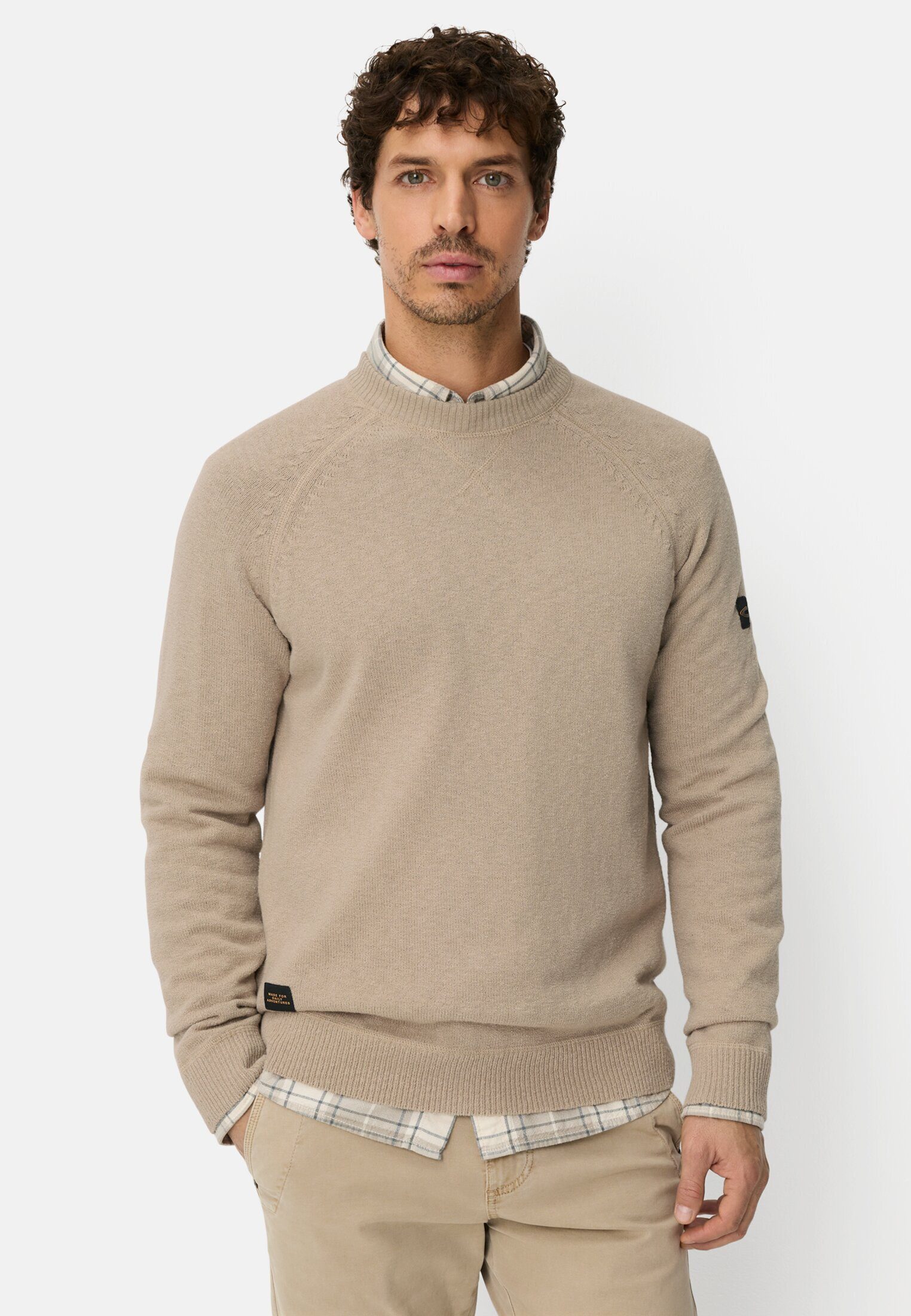 camel active Strickpullover mit Rundhalsausschnitt Langarm Markenlogo