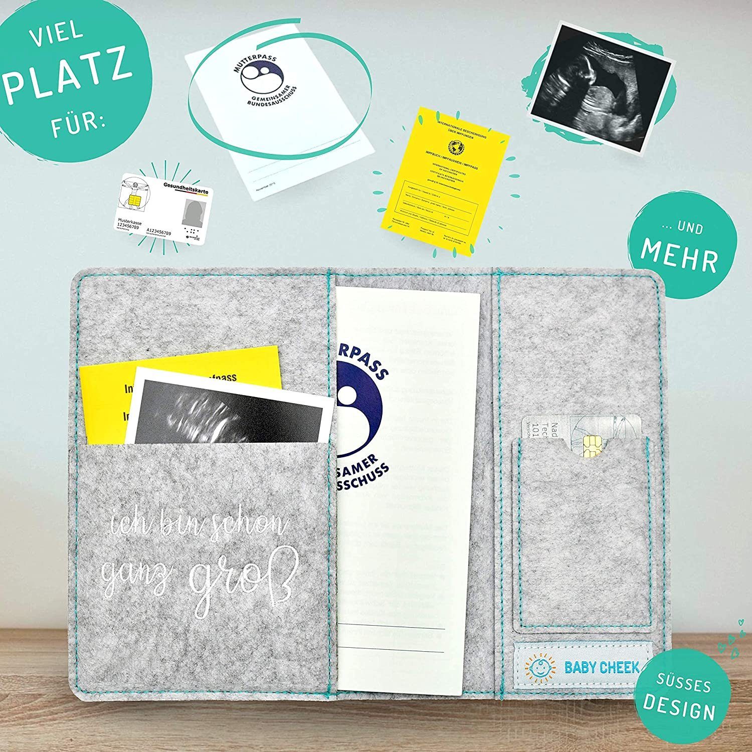 Thumbnail - BABY CHEEK Mutterpass-Hülle Filz Elefant, Handmade Hülle Mutterpass + Fächer für Bilder, Impfpass, Süßes Geschenk für Sc...