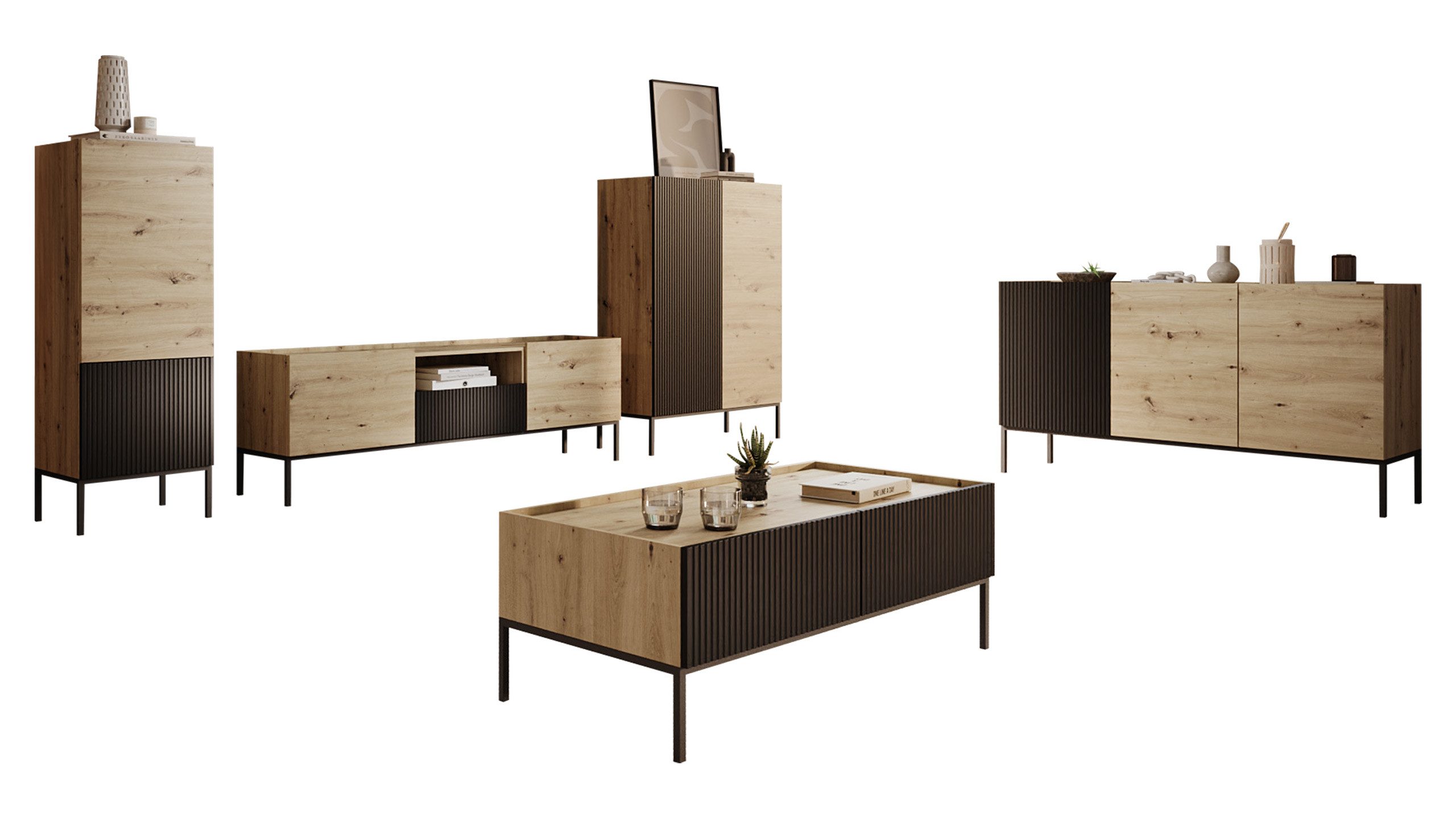 MIRJAN24 Wohnzimmer-Set Como I, (5er-Set, 3x Kommode, Couchtisch. TV-Lowboard), Untergestell aus Metal