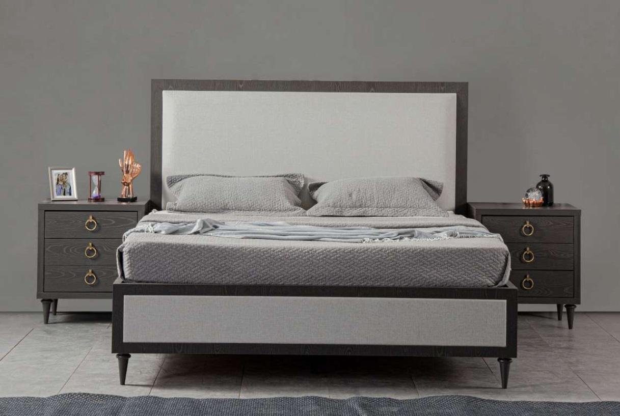 Set Schlafzimmer-Set Modern (3-St., Nachttische 3 Bett Made Luxus + Europe tlg., in 2x Schlafzimmer JVmoebel Grau Nachttische), Bett Design 2x