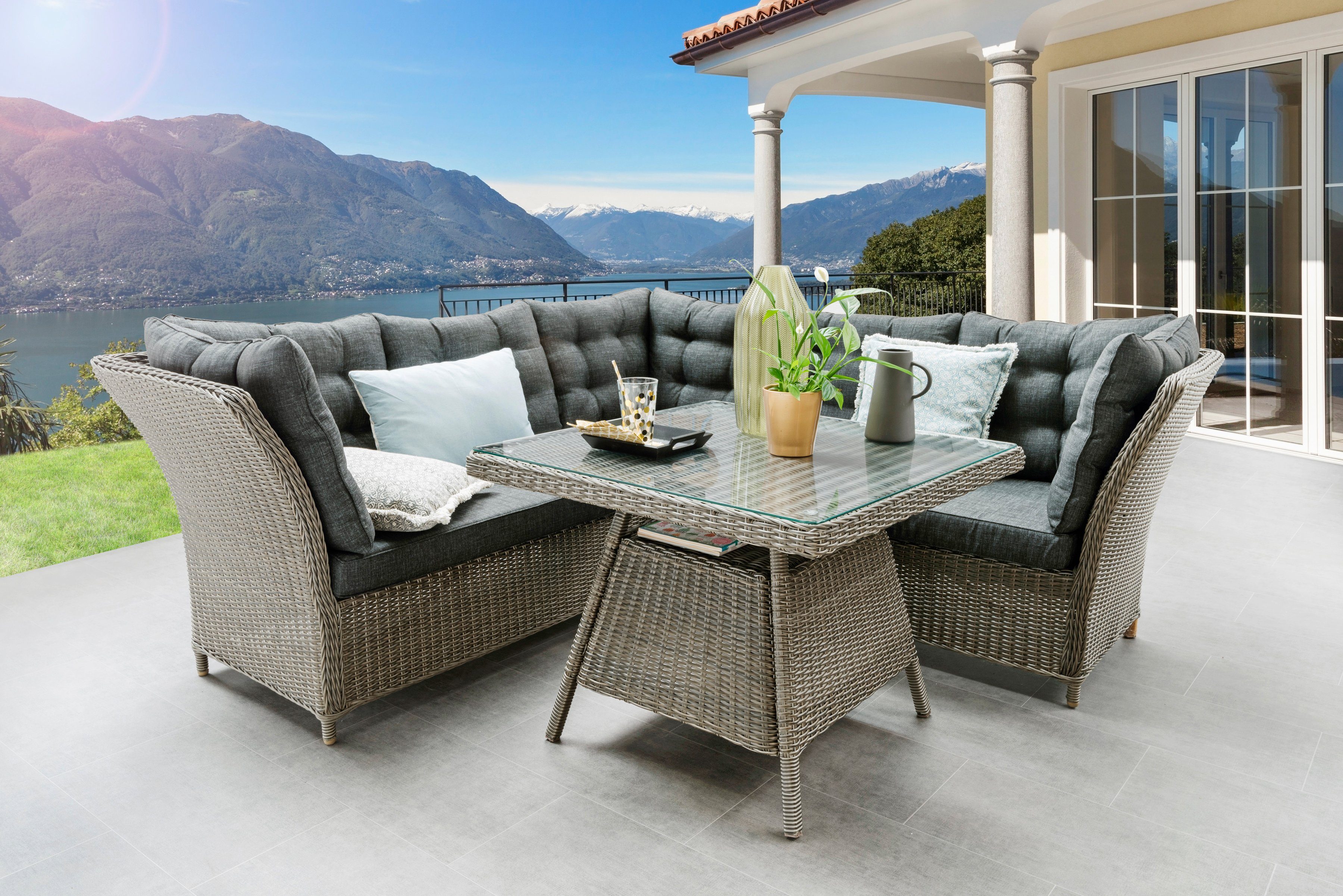 Destiny Garten-Essgruppe PALMA LUNA, (16-tlg., 2x Schenkel, 1x Eckmodul, 2x Sessel, 1x Tisch, inkl. Auflagen), Aluminium, Polyrattan