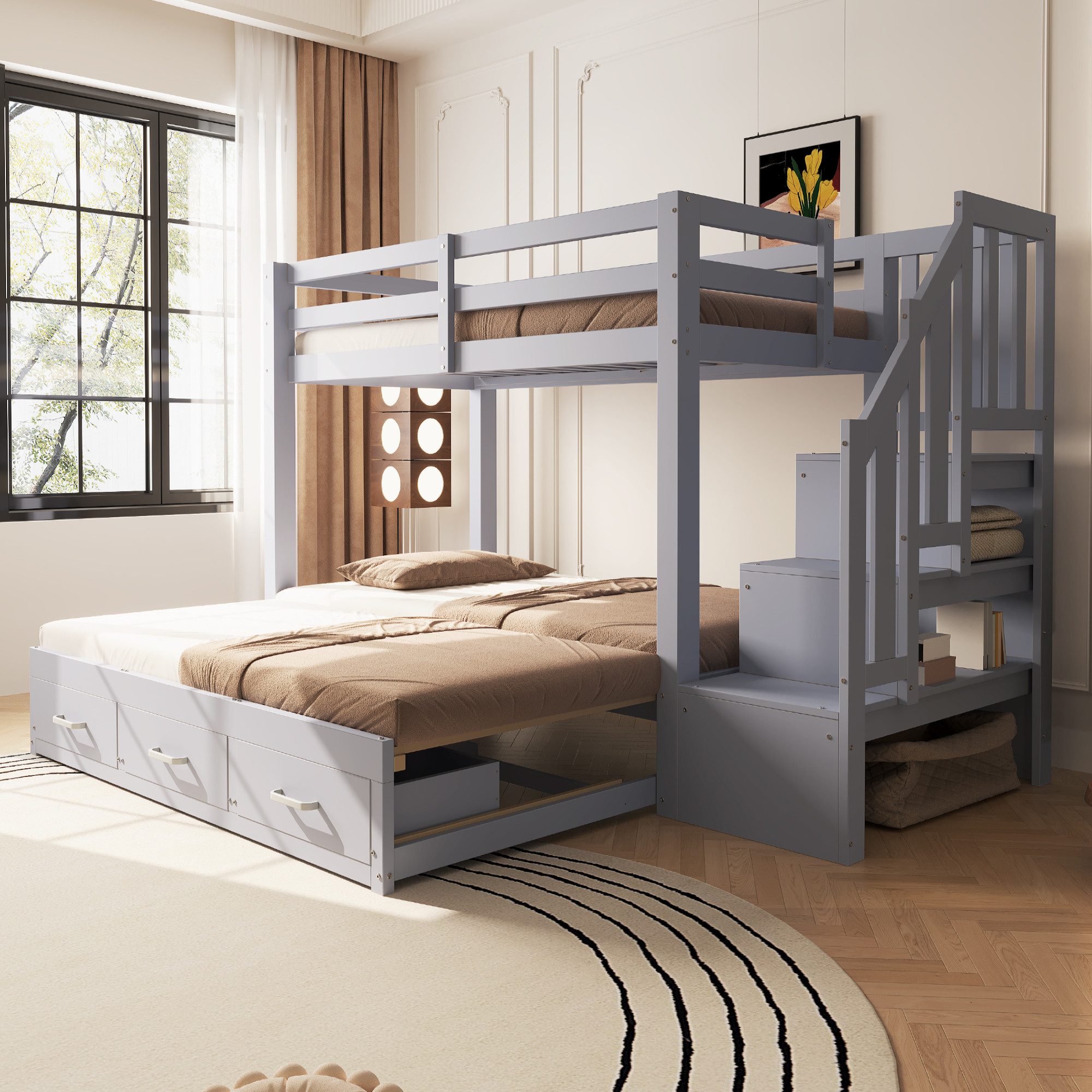 Flieks Etagenbett Oberbett 90x200cm Unterbett 90/180x190cm, Kinderbett mit Stauraumtreppe Schubladen Ausziehbett 90x190cm
