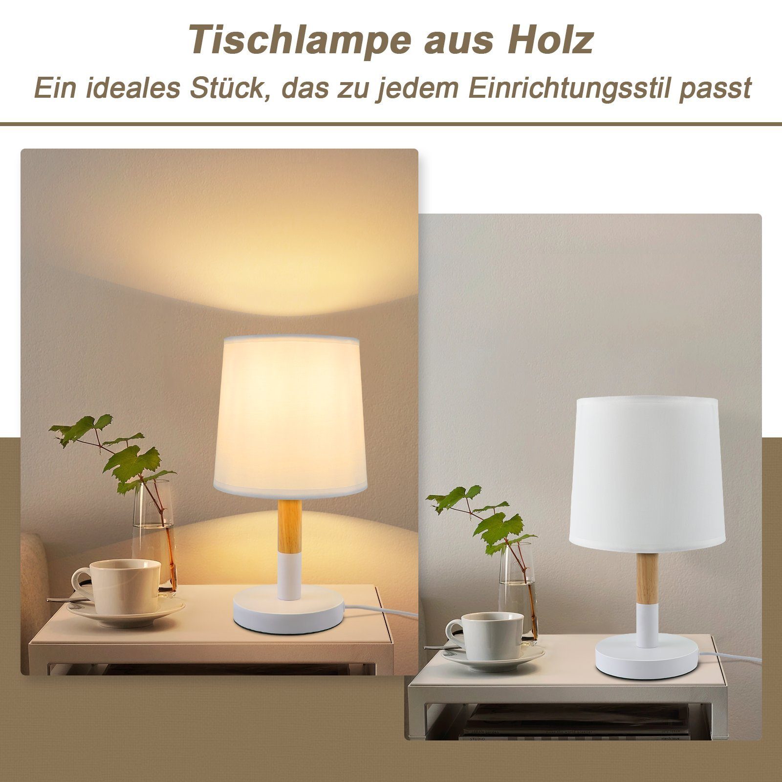 Nettlife Nachttischlampe Holz E27 Wohnzimmer Landhausstil Nachttischleuchte günstig online kaufen