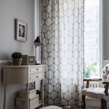 Vorhang Vorhang Vorhang mit Blumenmuster grauem Druck schwarzer Quaste, AUKUU, kleinem Fenster Küchenvorhang Baumwolle und Leinen