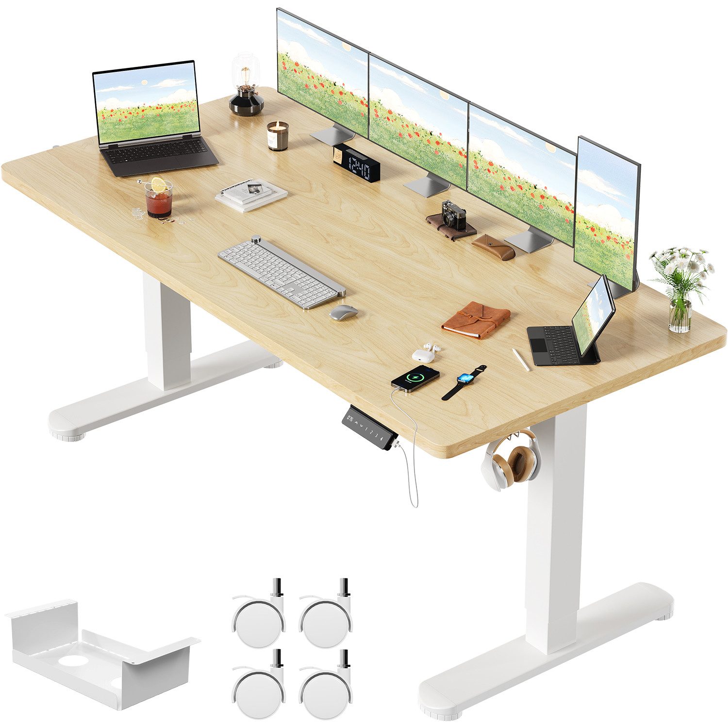 HOMALL Schreibtisch Höhenverstellbarer Elektrisch mit 25mm starker einteiliger Tischplatte (Maße: 140 × 70 / 160 × 80 / 180 × 80, ausgestattet mit zwei Motoren und zwei Querträgern, mit Kabelmanagementbox, maximale Tragkraft 120 kg, mit Weckfunktion und Kindersicherung)