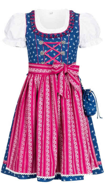 Nübler Dirndl Mädchen Dirndl im traditionellen Stil Kinder Trachten, Blau (Dirndl Set DEMI, 3-tlg., Dirndl Kleid mit Bluse und Schürze) Kinder Tracht im bayerischen Stil - Trachtenmode Kinder