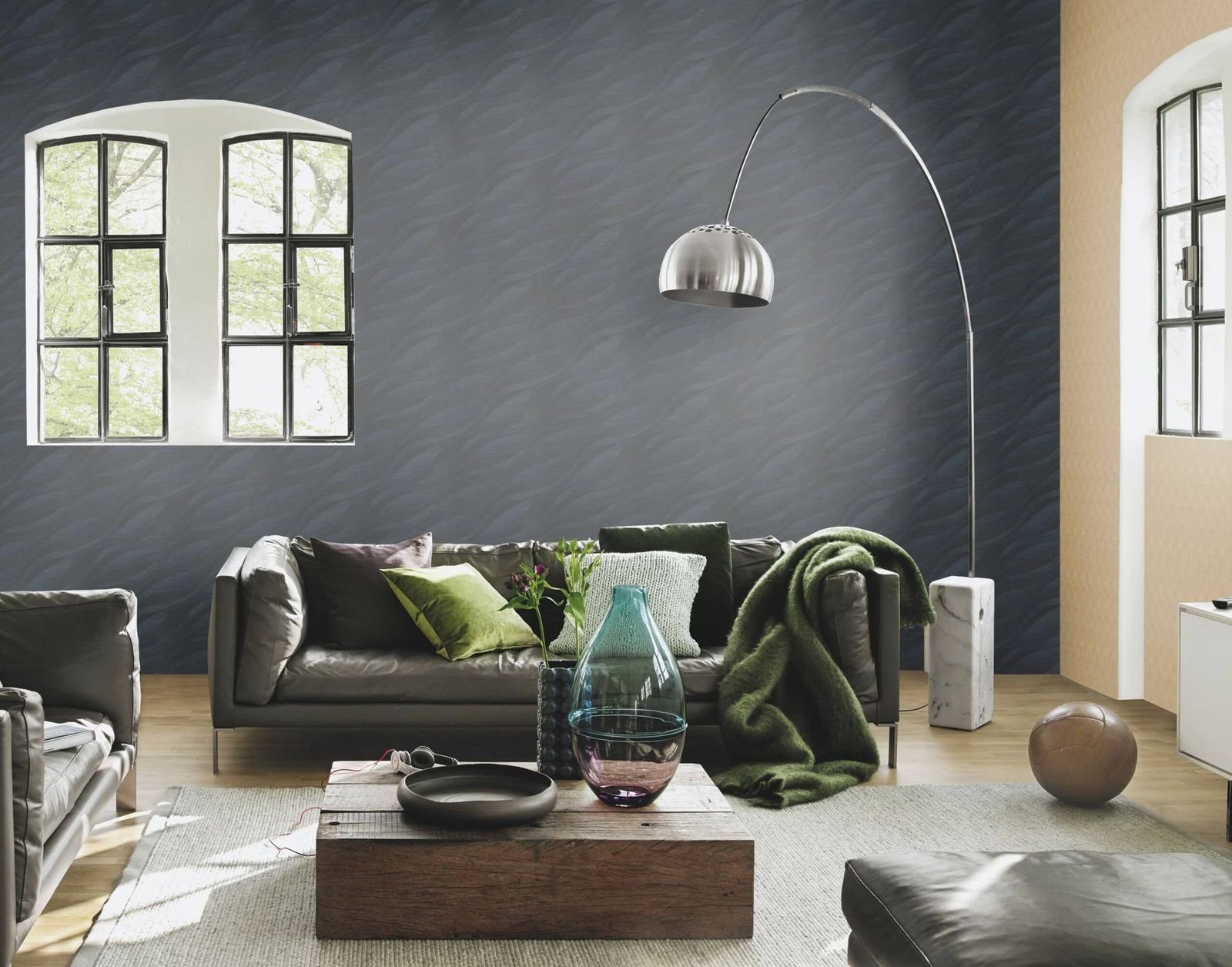Vliestapete Struktur Muster Wellen Uni Blau Grau Glanz 608076 Sky Lounge