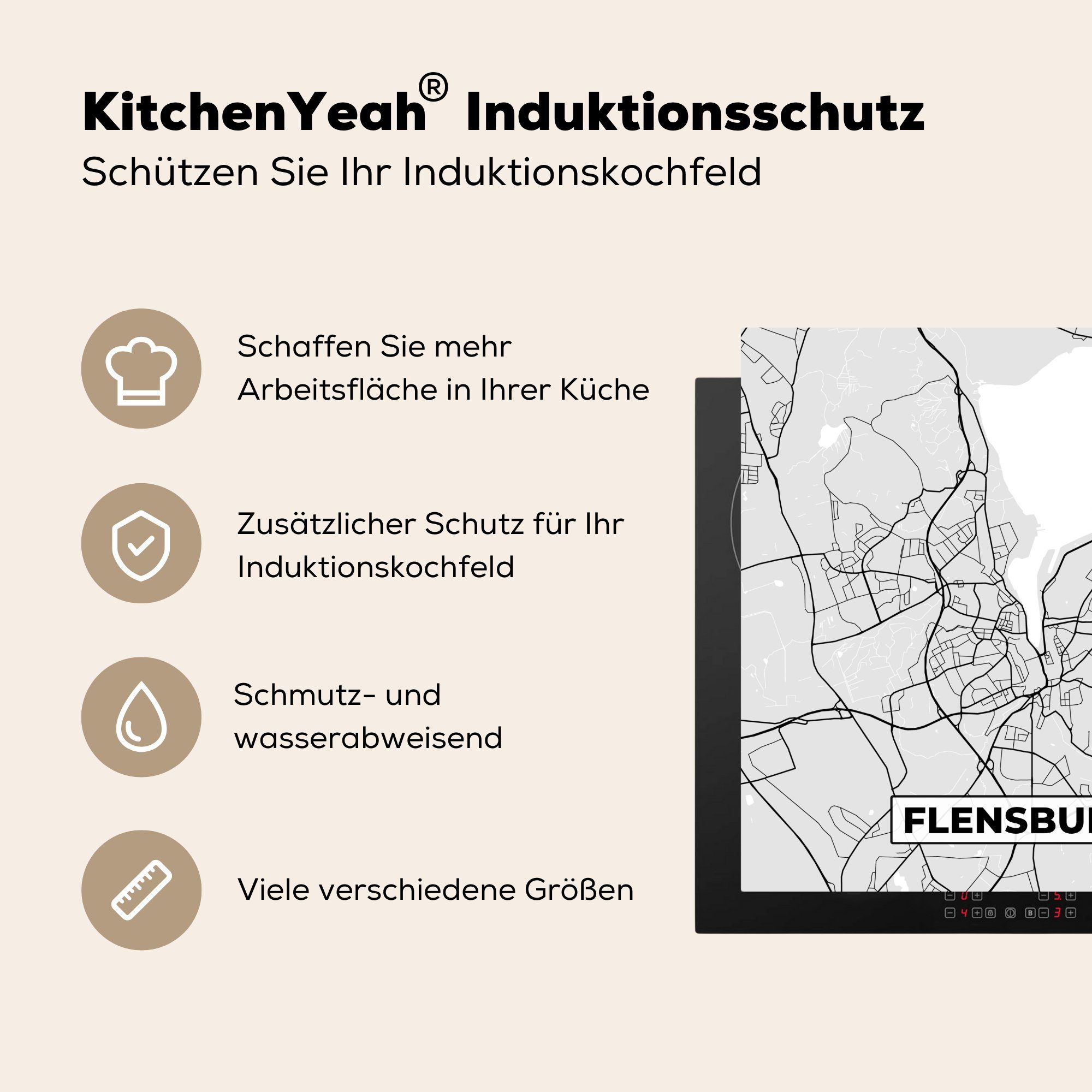 MuchoWow (1 Arbeitsplatte für Deutschland Karte Herdblende-/Abdeckplatte Stadtplan, Karte küche - Ceranfeldabdeckung, 78x78 - cm, Vinyl, Flensburg - tlg), -