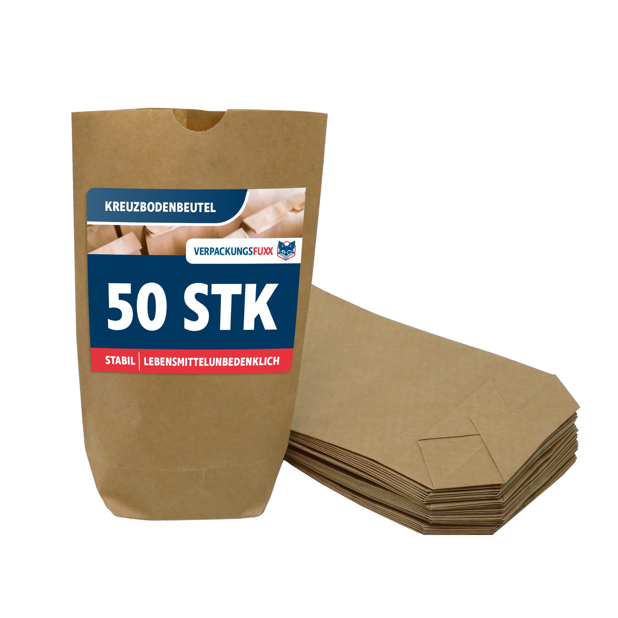VERPACKUNGSFUXX Kraftpapier Kreuzbodenbeutel 14 x 22 cm, 50 Stk., braun, 70 g/m²