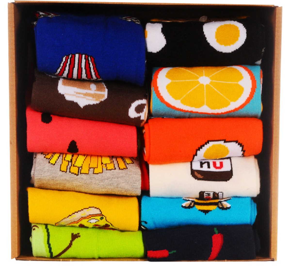 Martinex Socken Großpackung Bunte Socken Socks 12er Pack Box lustig witzig 34 35 36 37 38 39 40 41 42 43 44 45 46 Thema Essen bunt