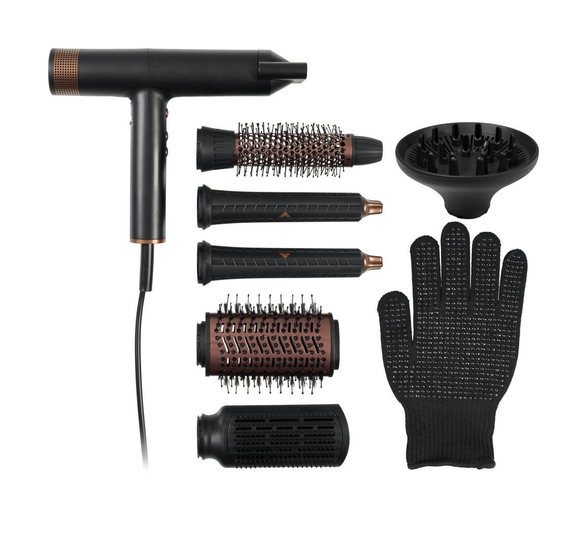 PRINCESS Haartrockner Princess 529205 Airstyler Pro – 7-in-1 Stylinggerät – Benutzerfreundli, 2000 W, 3 Heiz-/Gebläsestufen, Ionen, Coolshot, 7 Aufsätze, Tasche