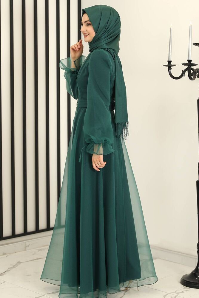 Abiye Abendkleid Gürtel langärmliges Abaya Mode Hijab Grün Kleid mit Maxikleid Modavitrini Damen