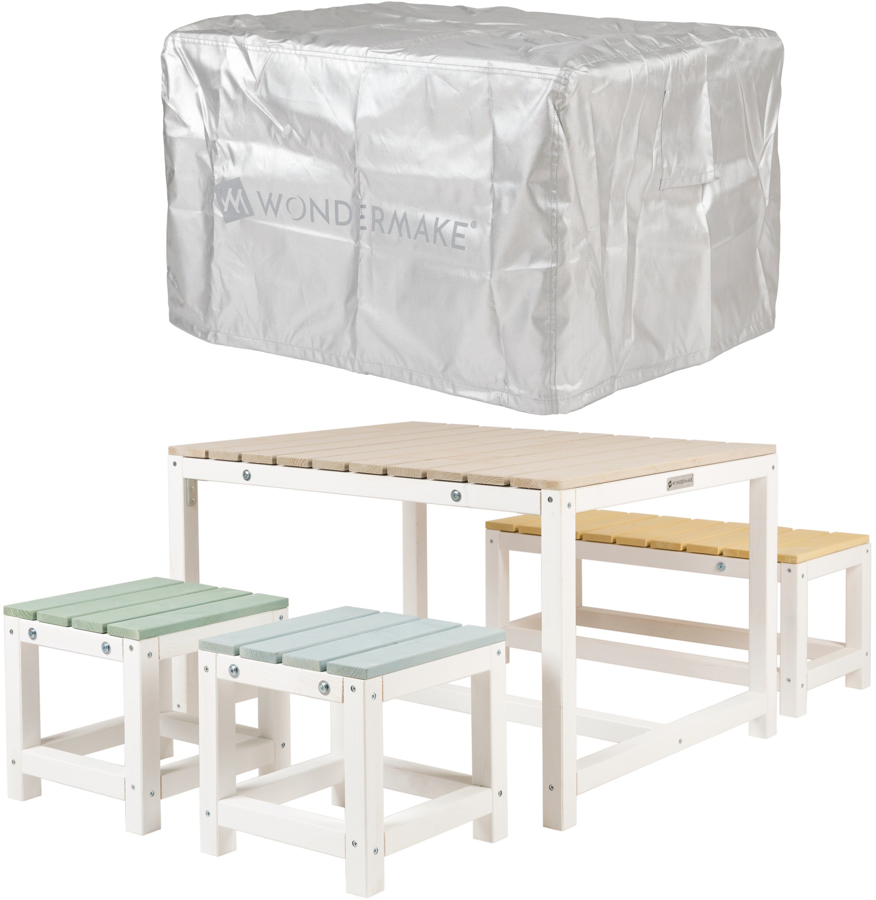 WONDERMAKE Garten-Kindersitzgruppe aus Holz ab 3 Jahre, Outdoor Indoor Kinder-Sitzgarnitur draußen weiß, (1x Tisch, 1x Bank, 2x Hocker, 4-tlg), Gartenmöbel-Set Sitzgruppe Garnitur drinnen, 4 Plätze, Picknick-Gruppe