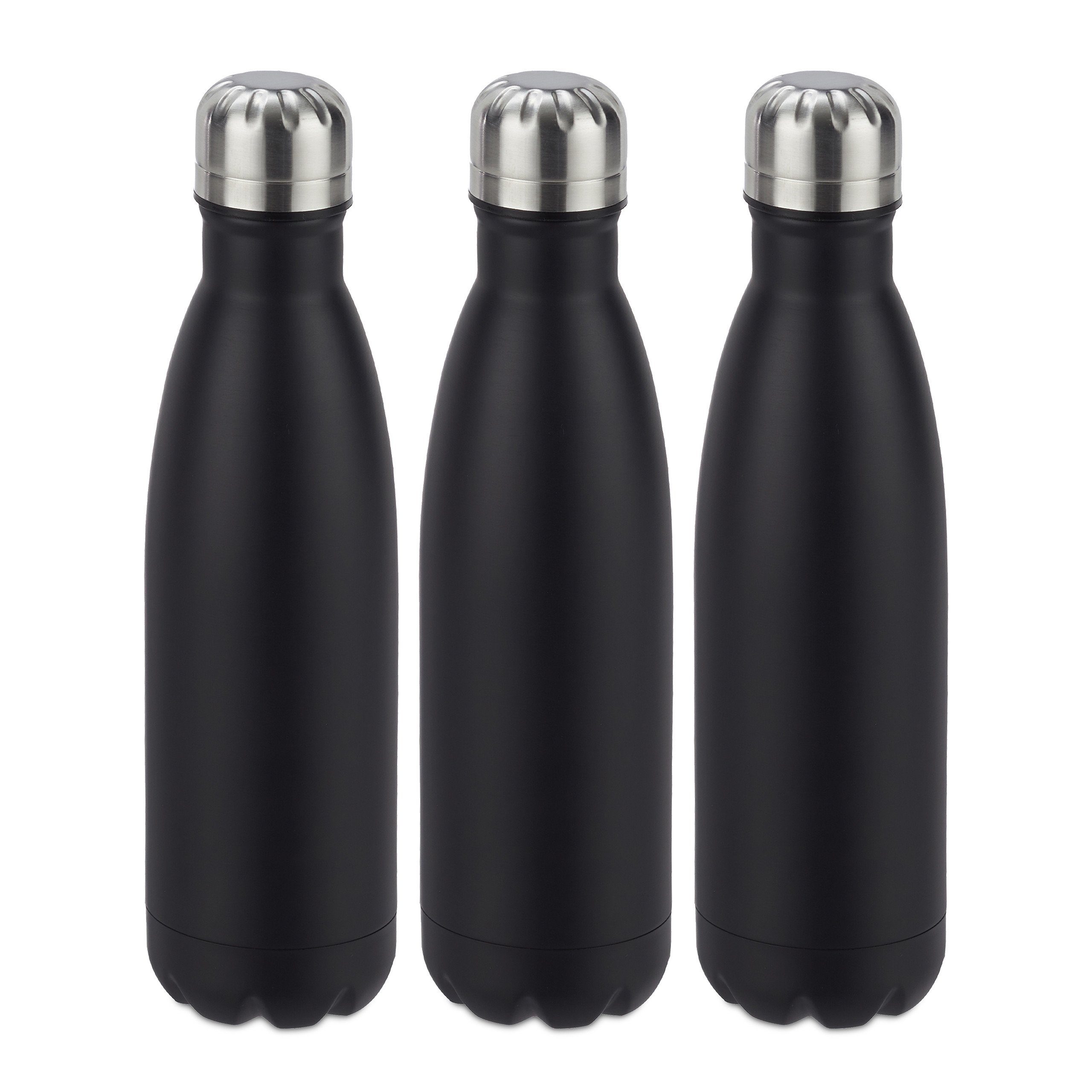 relaxdays Isolierflasche 3 x Trinkflasche Edelstahl schwarz