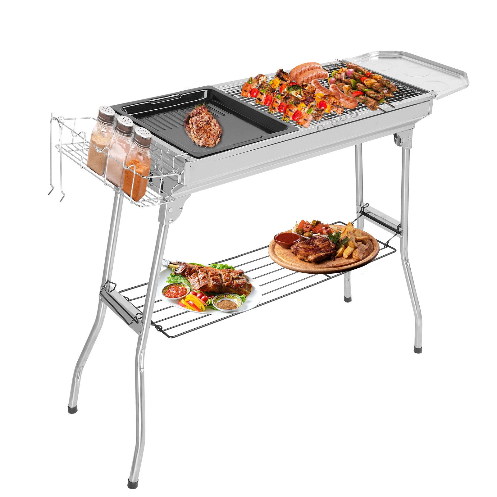 LALAHO Holzkohlegrill Grill Edelstahl mit Grillrost Ablage Klappbeine, Klappgrill 100x31x71cm für Garten & Camping