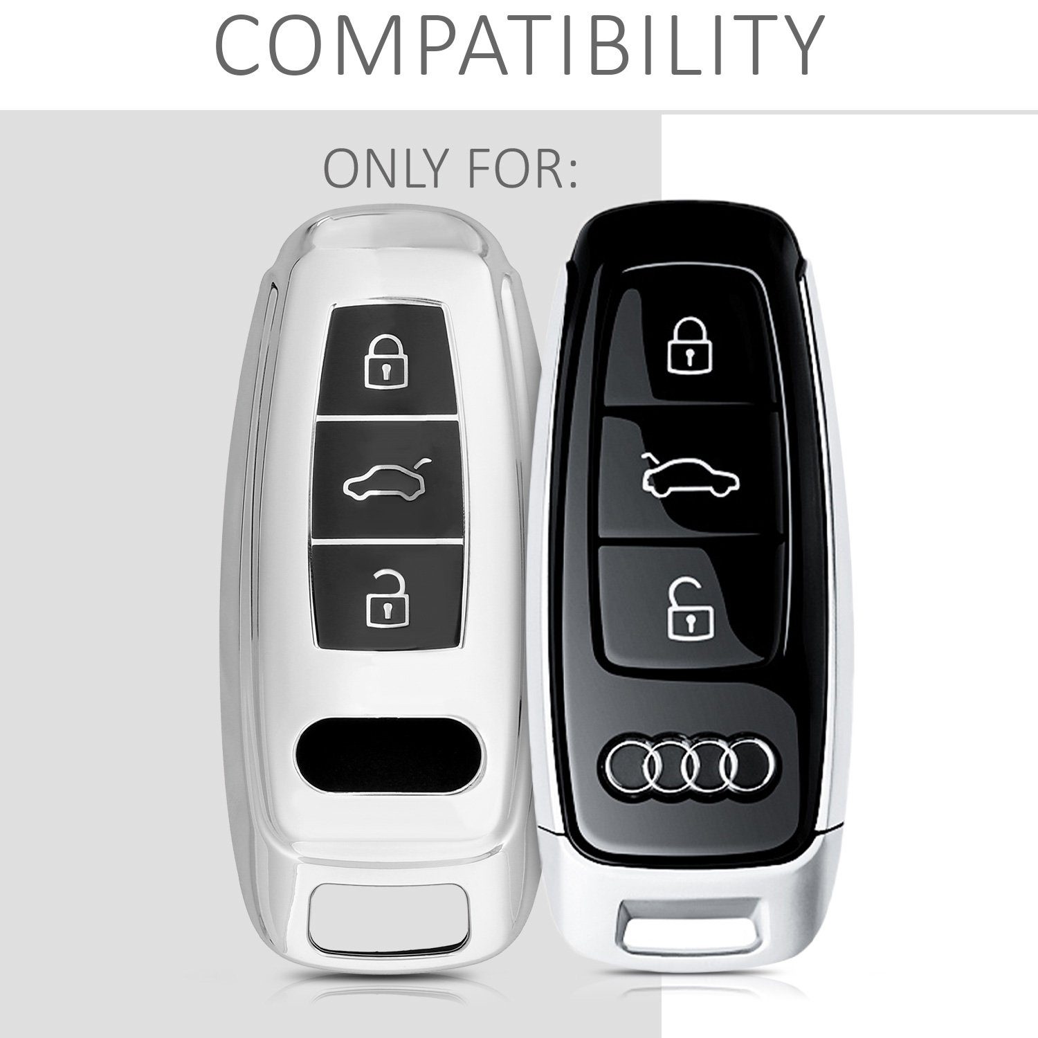 kwmobile Schlüsseltasche Autoschlüssel für A8 A7 Audi Q7 Q8, Cover A6 Schlüsselhülle Case Silikon Hochglanz Silber Hülle Schlüssel