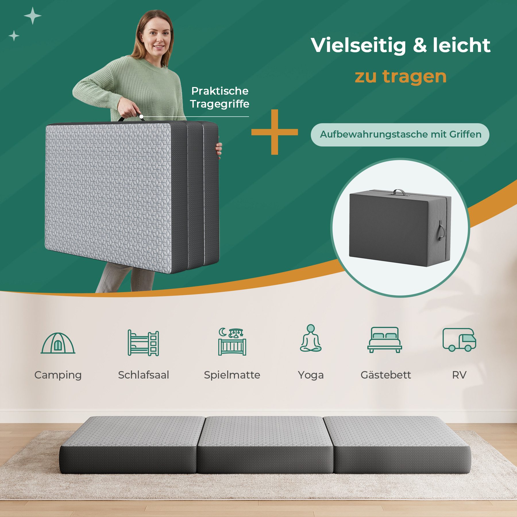 Klappmatratze 3-teilige Faltmatratze Gästematratze in grau Gästebett klappbar, Vesgantti, mit waschbarem Bezug, Camping Matratze, 10CM hoch, 15CM hoch – Bild 4 von 5