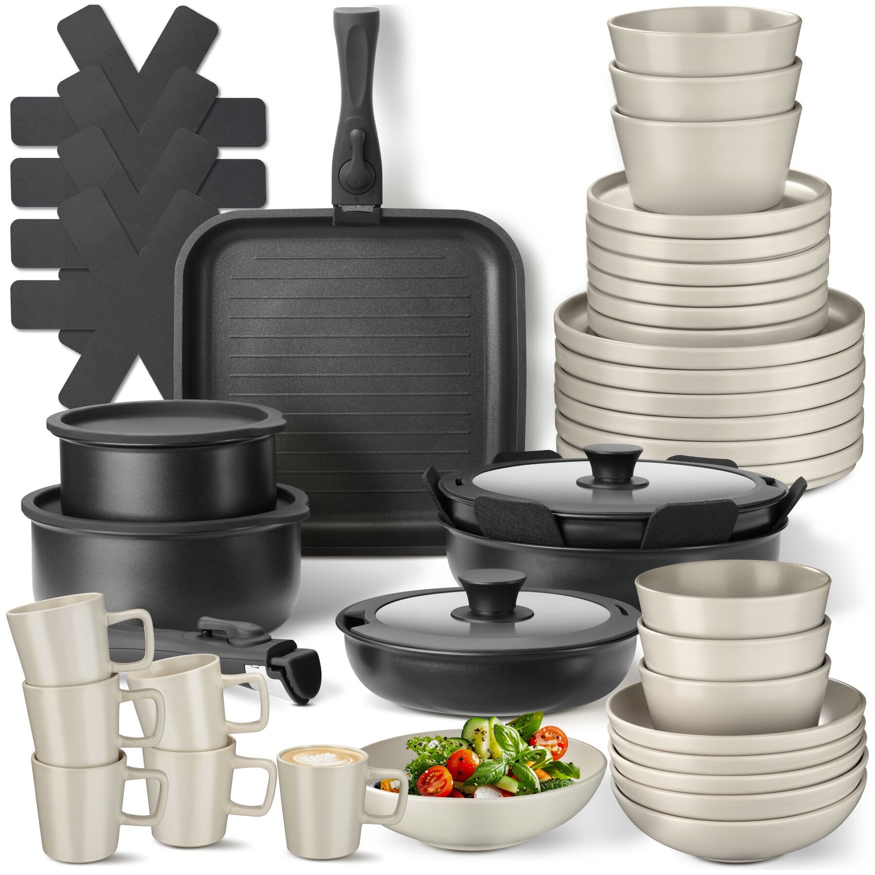 tectake Kochbesteck-Set Küchenstarterset aus Steingut mit Glasur, hitzebeständig und (Geschirrset Una/Parma, 47-tlg., in schwarz/taupe), rostfreies Aluminium mit Antihaftbeschichtung, induktionsgeeignet