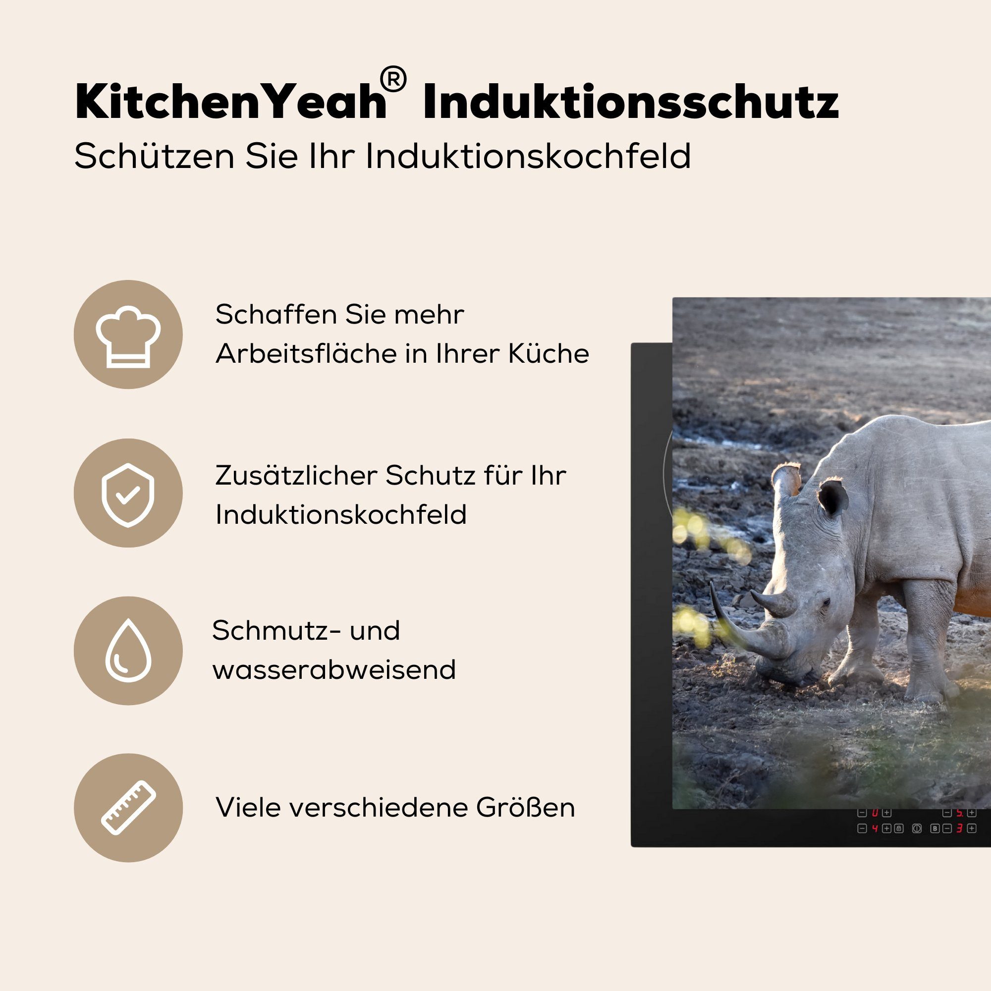 MuchoWow Herdblende-/Abdeckplatte Nashorn tlg), Kind Essen, 81x52 küche, die - Vinyl, cm, - Ceranfeldabdeckung für Induktionskochfeld (1 Schutz