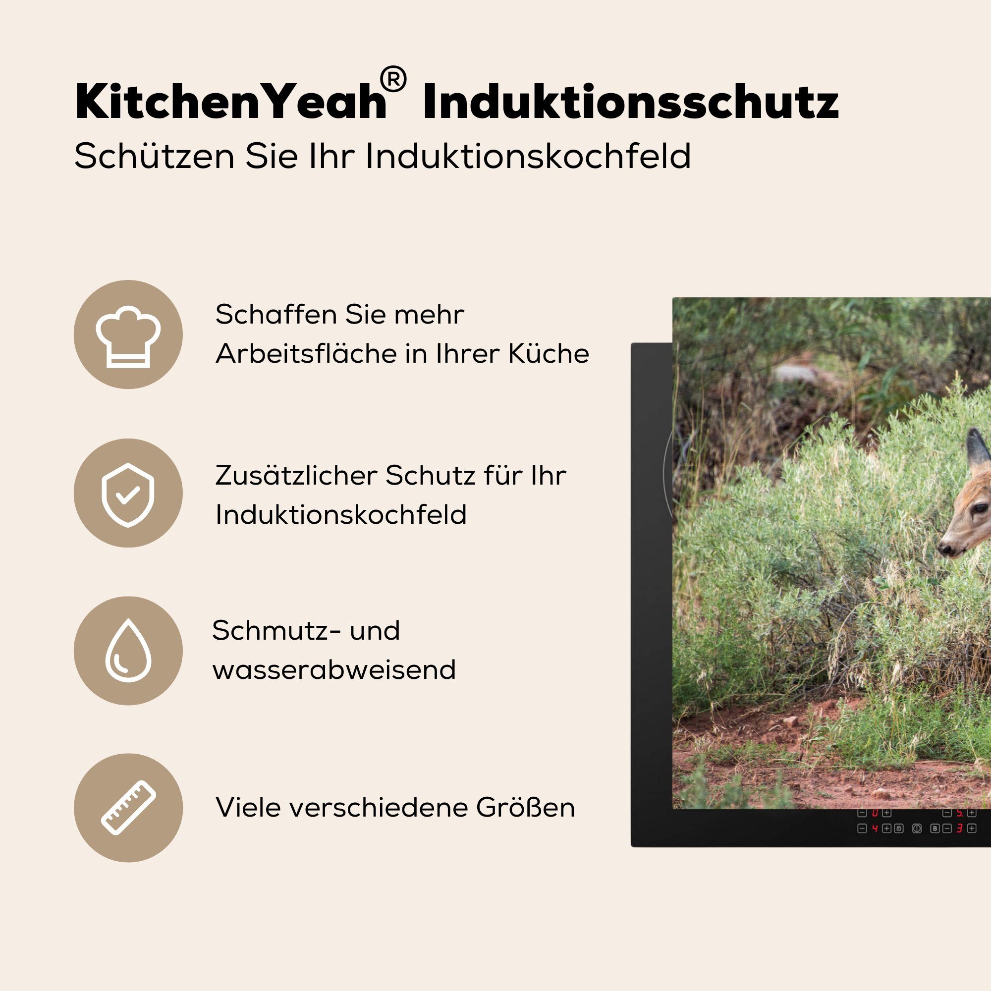 Braun, Induktionskochfeld - tlg), Büsche die Vinyl, cm, (1 Herdblende-/Abdeckplatte küche, - MuchoWow 81x52 Ceranfeldabdeckung Schutz Hirsche für