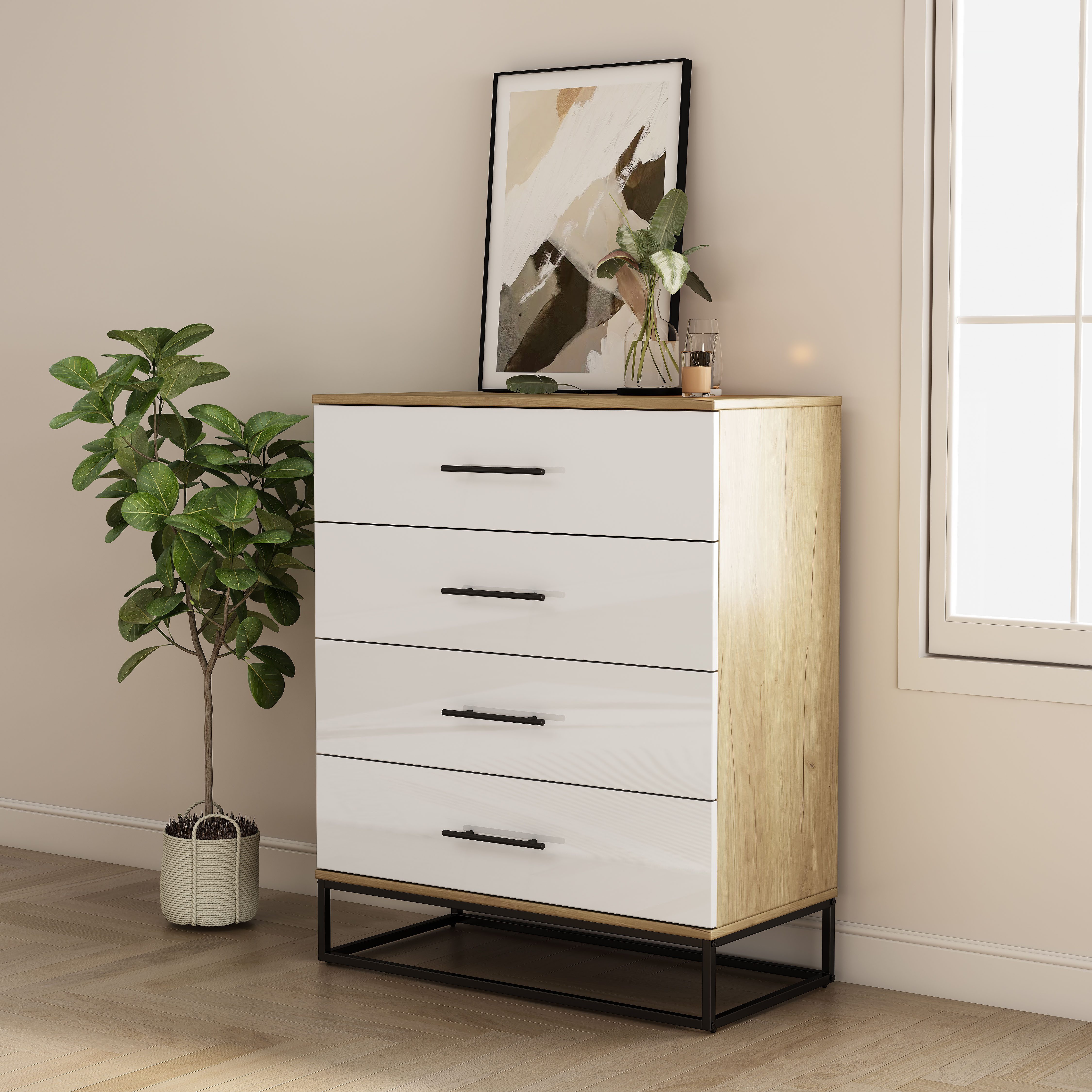 OTTO home Schubkastenkommode Lucca Sideboard mit schwarzen Griffen 4 Schubladen Kufengestell (Hochwertige Hochglanzfronten in weiß), Kommode Wäscheschrank im Loft Design mit 4 Schubladen