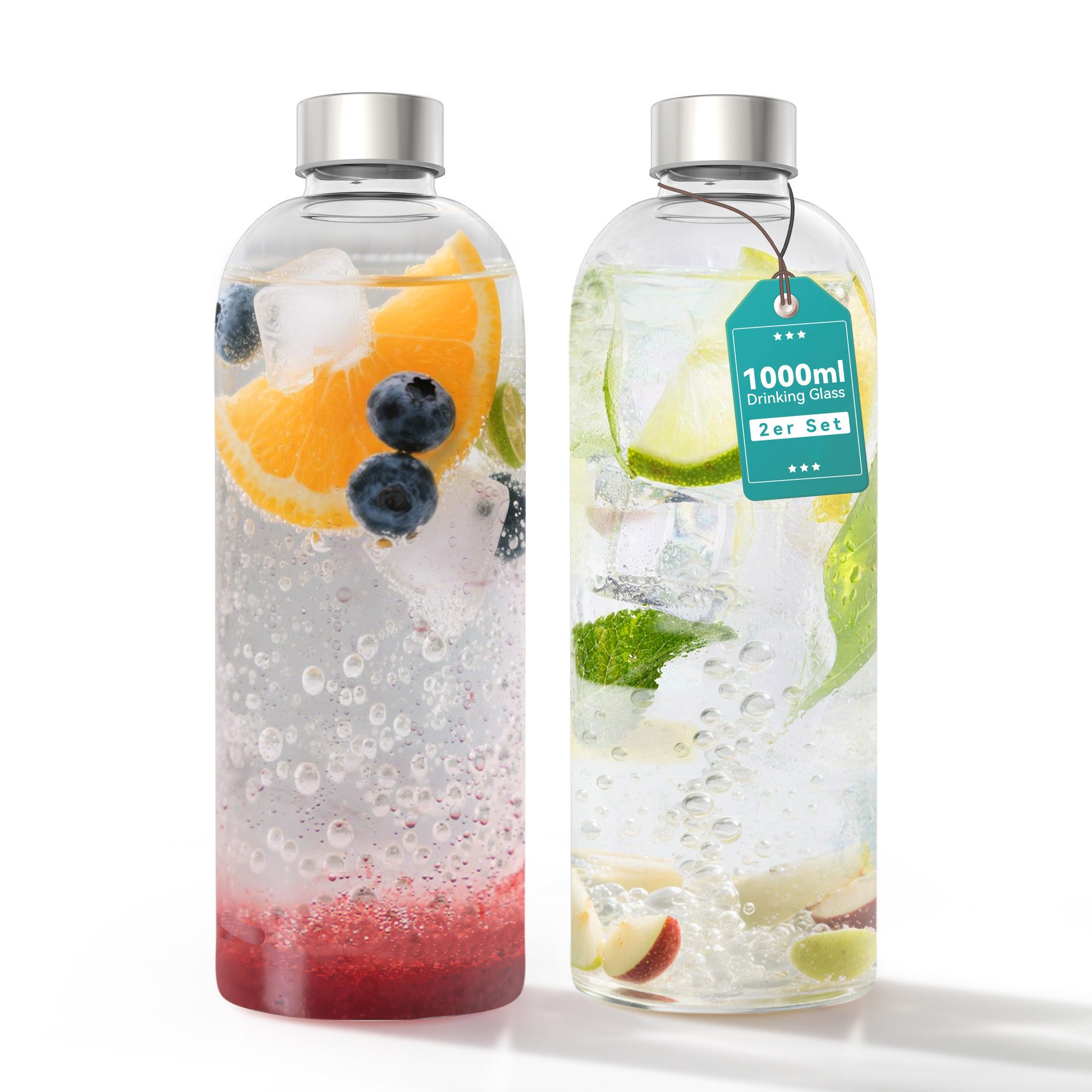 FIVMEN Trinkflasche Glasflaschen mit Deckel Bottle Luftdicht Glaswasserflasche 1000ml, 2/4/6er Glaswasserflasche Glastrinkflasche Saftflaschen inkl Bürste